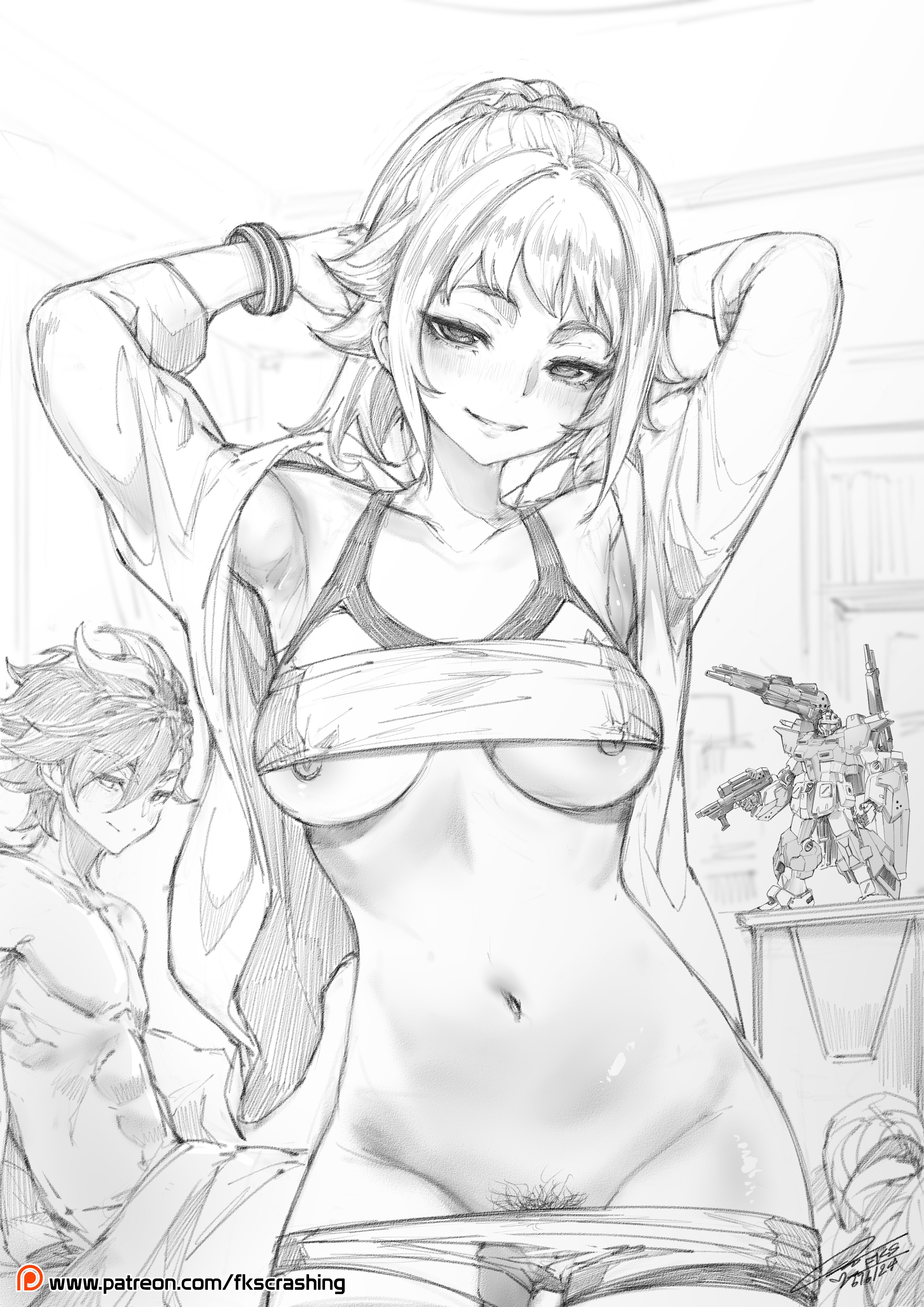 1boy, 1girls, absurdres, armpits, arms behind head, arms up, bike shorts, bike shorts pull, bracelet, breasts, clothes lift, cowboy shot, dated, female, female pubic hair, fkscrashing, graphite (medium), greyscale, groin, gundam, gundam build fighters, gundam build fighters try, gunpla, hair between eyes, half-closed eyes, hand in own hair, highres, hoshino fumina, indoors, jacket, jewelry, kamiki sekai, large breasts, light blush, long sleeves, looking at viewer, male, model kit, monochrome, naughty face, navel, nipples, open clothes, open jacket, parted lips, patreon logo, patreon username, pencil (artwork), powered gm cardigan, pubic hair, pubic hair peek, seductive smile, short hair, signature, sitting, smile, solo focus, sports bra, sports bra lift, standing, stomach, teeth, traditional media, under covers, watermark, web address