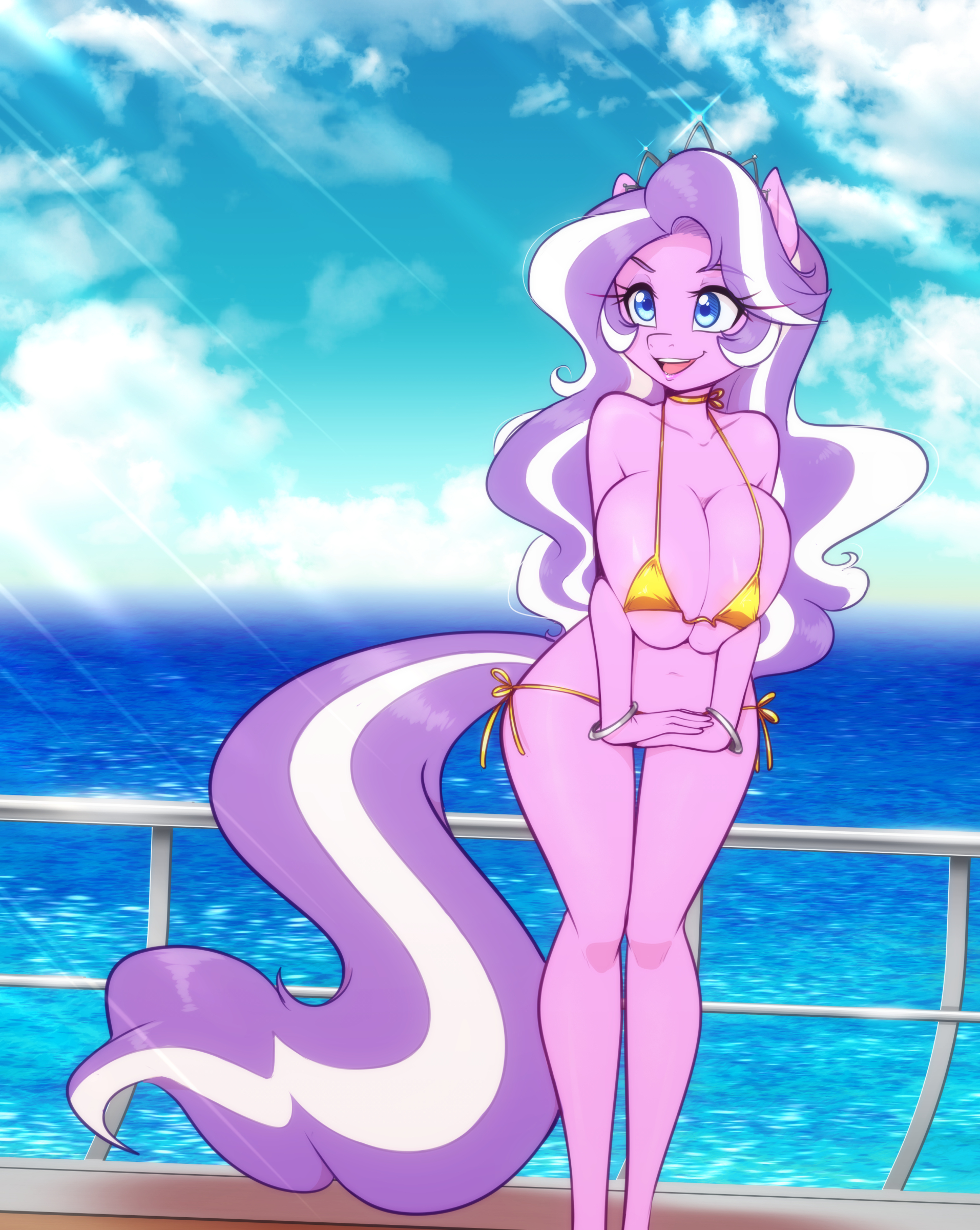 1girls, aged up, anthro, big breasts, bikini, blue eyes, boat, bracelet, bracelets, breasts, cloud, clouds, cloudy sky, diamond tiara (mlp), eyebrows, eyebrows visible through hair, eyelashes, female, female focus, female only, friendship is magic, gold bikini, gold swimsuit, golden week, hips, huge breasts, jewelry, long hair, long tail, micro bikini, mlp g4, my little pony, my little pony friendship is magic, ocean, on boat, open mouth, open smile, pink body, pink skin, pony, purple hair, scorpdk, sea, side-tie bikini, sky, smile, smiling, swimsuit, tail, tiara, water, white hair