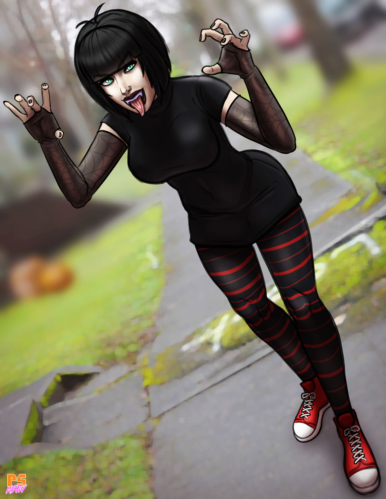 1girls, armwear, black hair, black lips, black lipstick, clothed, clothing, cosplay, female, female only, footwear, goth, hotel transylvania, humanoid, legwear, madeline zoldak, mavis dracula, pale skin, pumpkinsinclair, solo, vampire