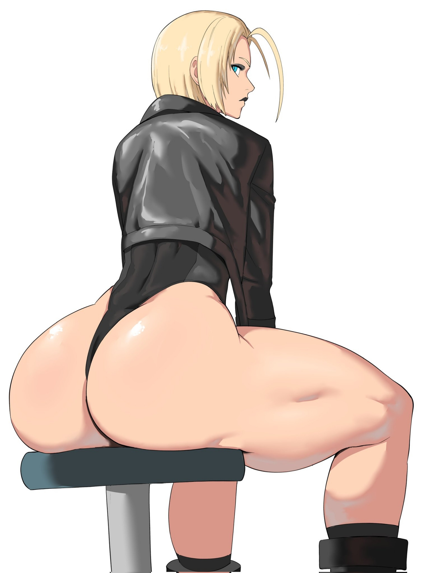 1girls, ass, ass focus, big ass, black clothing, black leotard, blonde hair, blue eyes, boots, cammy white, female, female only, goth, goth fashion, goth girl, huge ass, jacket, leather, leather jacket, leotard, long sleeves, muscular legs, octavius (octavius dp), octavius dp, short hair, simple background, sitting, street fighter, street fighter 6, thong leotard, white background