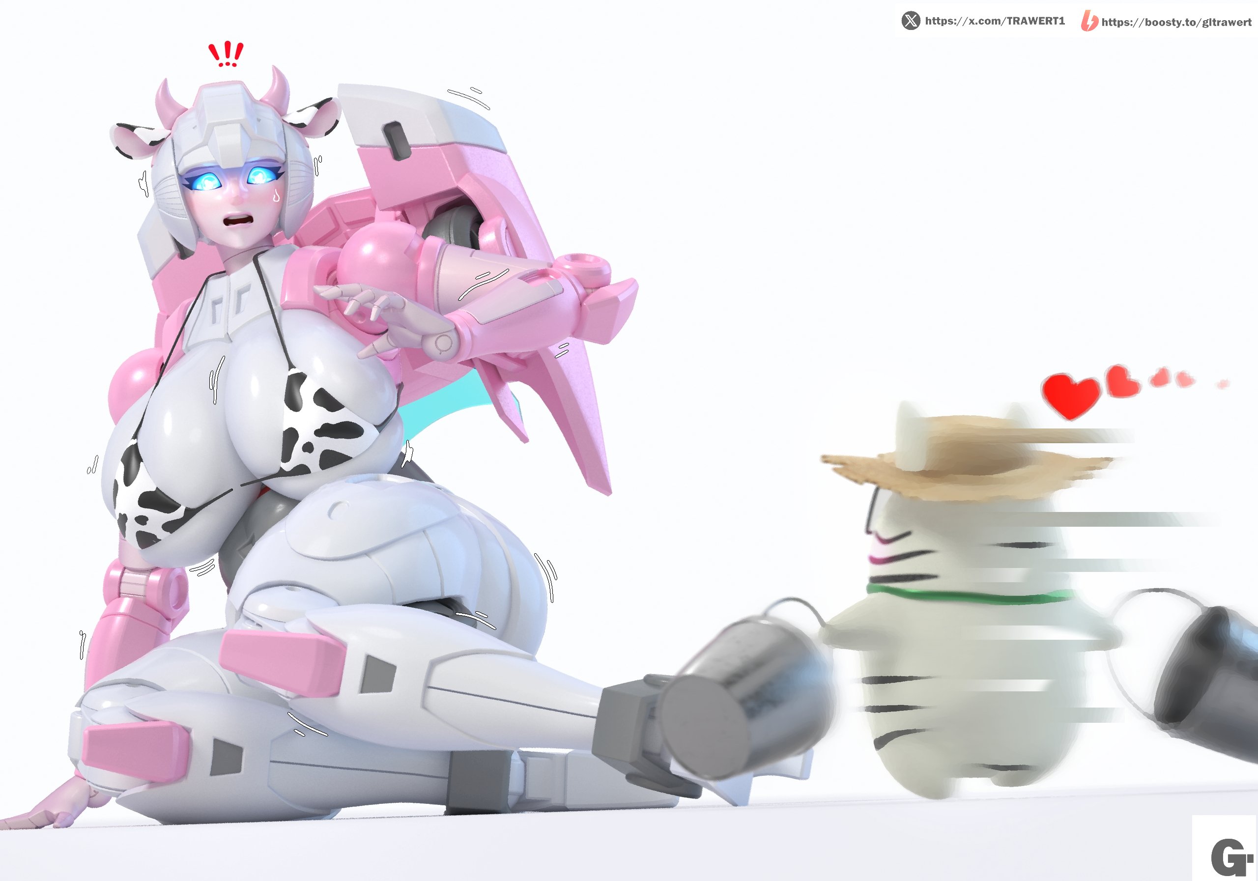 1girls, 3d, arcee, big breasts, cow ears, cow horns, cow print, cow print bikini, huge breasts, robot, robot girl, straight, tigatron, transformers, trawert