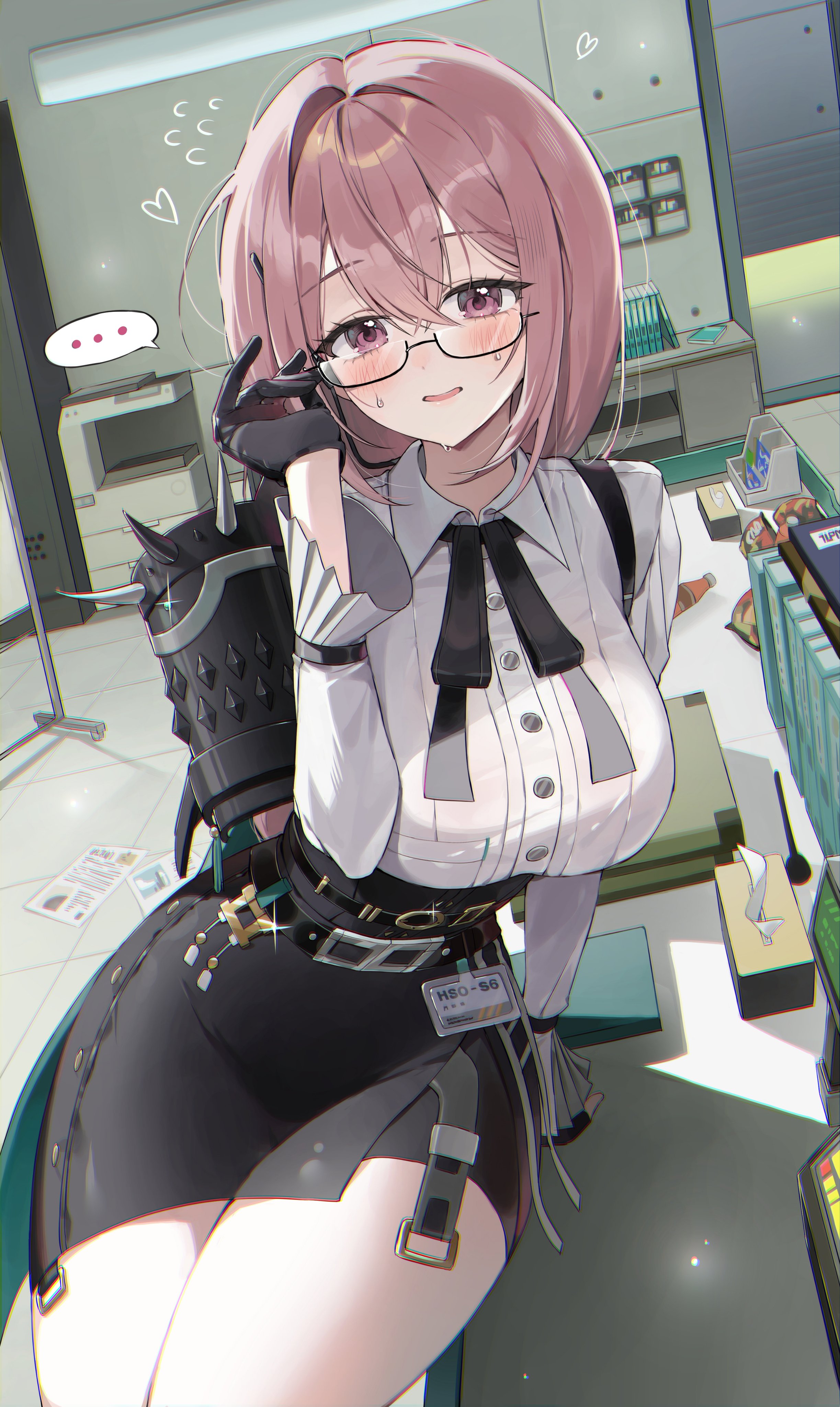 ..., 1girls, absurdres, adjusting eyewear, armor, black gloves, black skirt, blush, breasts, chama (chacoc0), female, female only, flying sweatdrops, gloves, high-waist skirt, highres, indoors, large breasts, long hair, looking at viewer, office lady, pencil skirt, pink eyes, pink hair, shirt, shoulder armor, sitting, skirt, solo, spoken ellipsis, sweatdrop, tsukishiro yanagi, white shirt, zenless zone zero