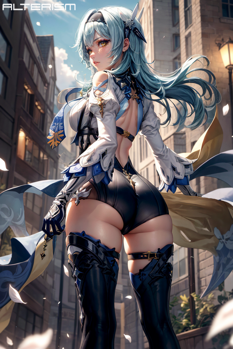 ai_generated alterism ass bangs black_hairband blue_hair blue_necktie boots cape city eula_(genshin_impact) female female_only from_behind genshin_impact gloves hair_ornament light_skin long_sleeves medium_breasts narrow_waist short_hair skindentation stable_diffusion standing thick_thighs thigh_boots thigh_strap thighhighs