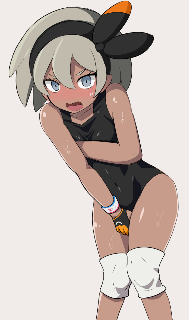 1girls, abs, athletic, athletic female, bea (pokemon), blush, bodysuit, breasts, brown skin, clothed, covering breasts, dark skin, dark-skinned female, embarrassed, female, headband, kayama kenji, open mouth, pokemon, pokemon ss, ribbon, solo, sportswear, thighs, wet, wide hips