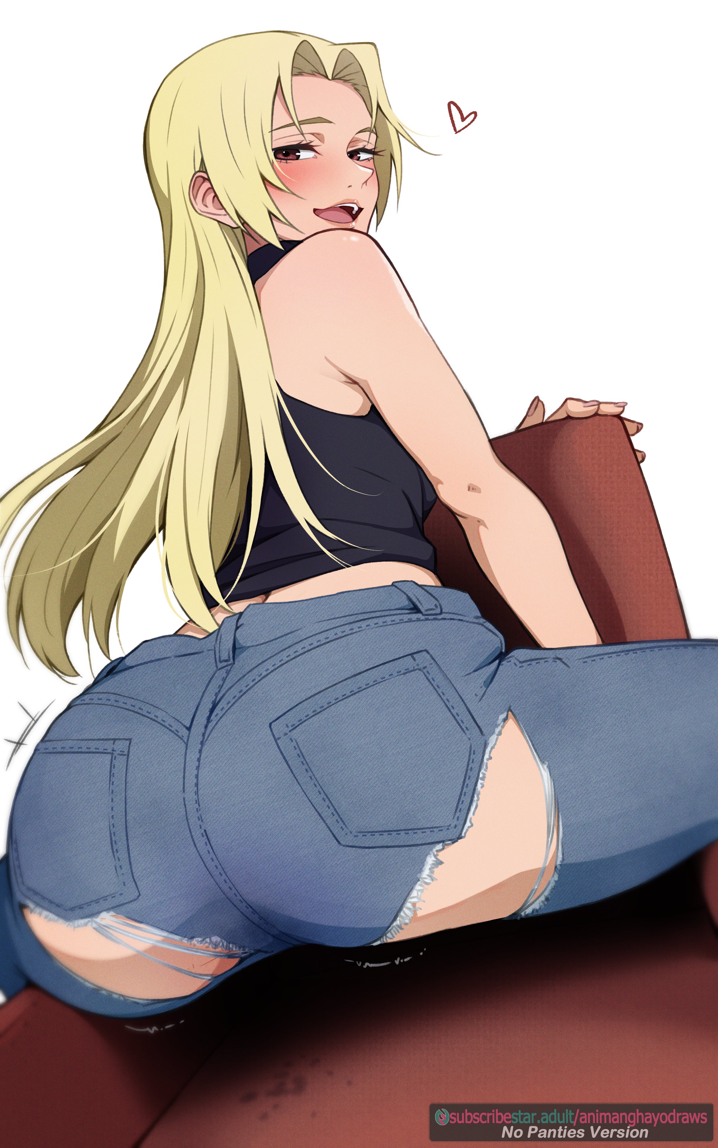 1girls, absurdres, animanghayodraw, ass, ass focus, black shirt, blonde hair, blush, brown eyes, clip studio paint (medium), commentary, couch, denim, english commentary, english text, eyelashes, female, from behind, half-closed eyes, heart, highres, jeans, jujutsu kaisen, looking at viewer, looking back, paid reward available, pants, ripped clothing, ripped pants, shirt, simple background, sitting, sleeveless, sleeveless shirt, solo, subscribestar username, torn clothes, torn pants, watermark, white background, yuki tsukumo