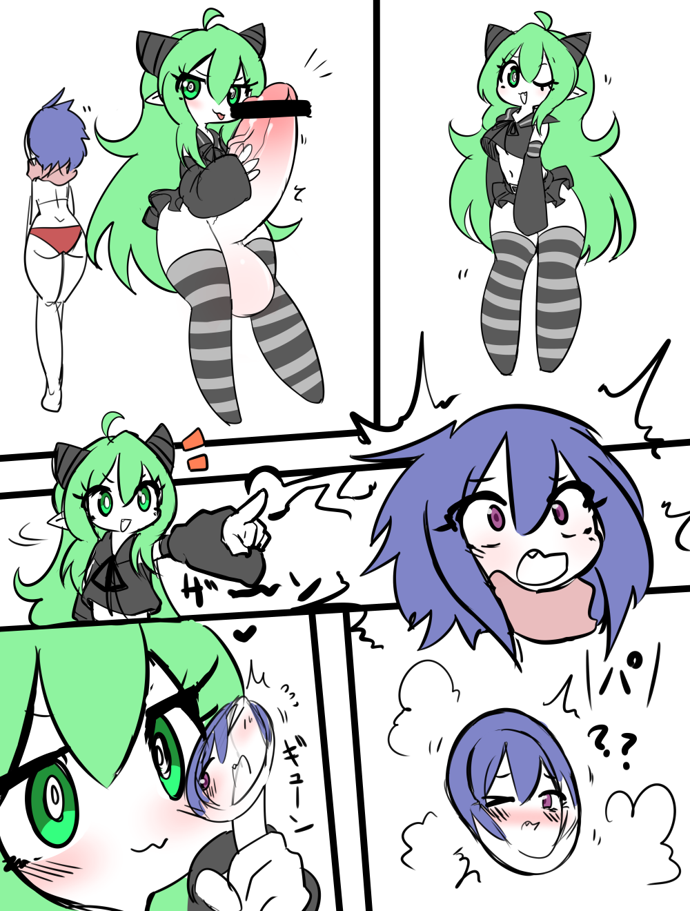 1futa 1girls 2019 blue_hair blush censor_bar censored condom_transformation cyrie cyrie_chan_(cyrie) erection female flat_chest futanari green_eyes green_hair huge_balls huge_cock hyper_penis intersex larger_futanari living_condom long_penis magic original original_character panties penis penis_out penis_under_skirt purple_eyes sailor_collar sailor_uniform scarf simple_background size_difference skirt small_breasts small_but_hung smaller_female solua_(cyrie) standing striped_legwear stripes tagme thighhighs tongue_out transformation underboob white_background wink