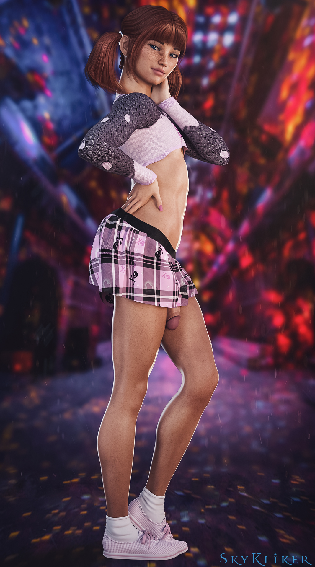 1boy, 3d, artist name, balls, balls under clothes, blue eyes, bottomless skirt, crop top, crossdressing, femboy, femboy only, feminine male, flaccid, flaccid penis, freckles, girly, jessie (skykliker), light skin, light-skinned femboy, light-skinned male, looking at viewer, looking over shoulder, male, male only, male with painted nails, miniskirt, original, original character, painted nails, penis, penis out, penis under clothes, penis under skirt, petite, pigtails, pink nails, red hair, shoes, side view, skirt, skykliker, socks, solo, trap