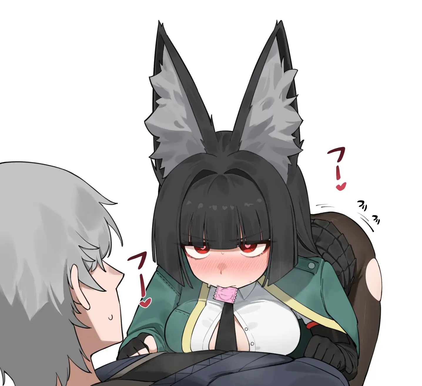 1boy, animal ears, condom, condom in mouth, female, flasso, fox ears, hoshimi miyabi, long hair, short hair, wise (zenless zone zero), zenless zone zero