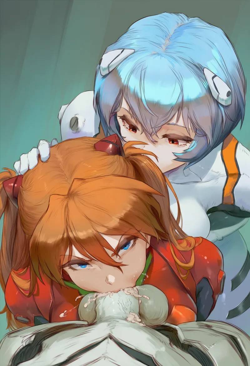 1boy, 2girls, ai generated, asuka langley sohryu, blowjob, deepthroat, fellatio, forced, forced oral, lucakp, mass production eva, monster, neon genesis evangelion, pilot suit, plugsuit, rei ayanami