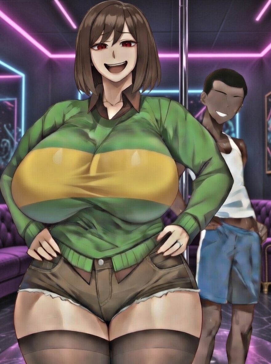 1girls, ai generated, ass, big ass, big breasts, big thighs, blue shorts, breasts, brown hair, brown hair female, brown shorts, brown thigh highs, brown thighhighs, chara, cuckold, dark skin, dark-skinned male, female, green and yellow sweater, green sweater, interracial, kisuu, kisuu (imitation), latex, male, medium hair, medium hair female, open smile, red eyes, red eyes female, short hair, short shorts, shorts, solo, striped sweater, undertale, undertale (series)