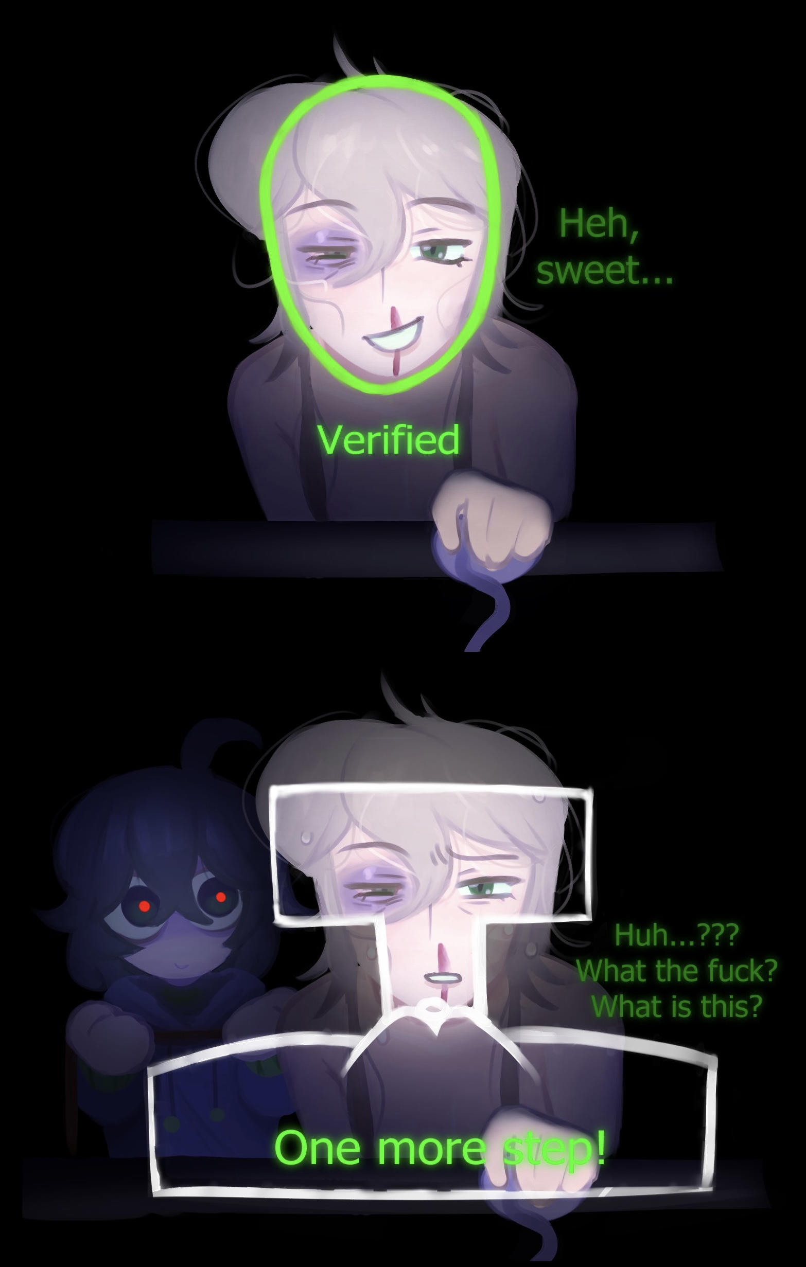 1boy, 1girls, black eye, black hair, color, computer, confused, degrees of lewdity, dialogue, english text, facial verification, female, fully clothed, halfcup milo, imminent mating press, imminent sex, kylar (degrees of lewdity), kylar (dol), lewd security verification, light skin, looking at viewer, male, mems, nosebleed, original character, penis, sketch, smile, straight, text, trend, twitter link