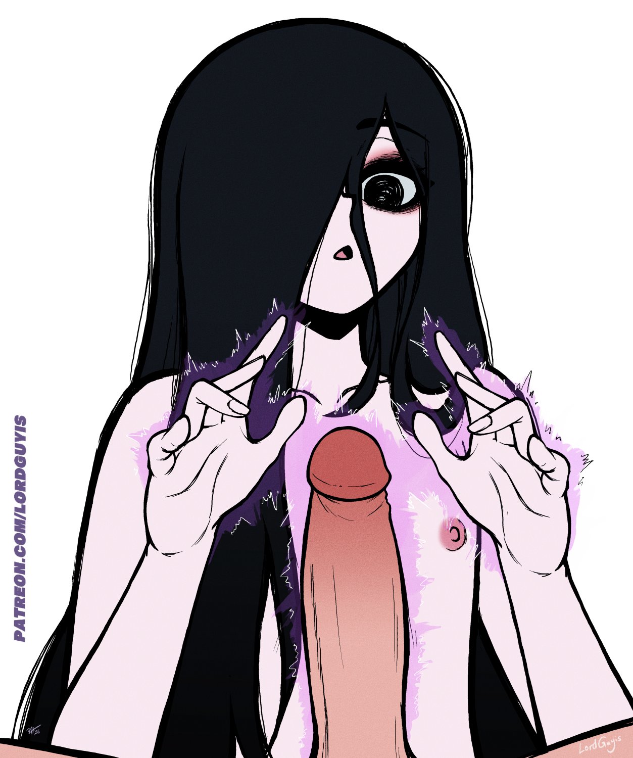 black hair, commission, commissioner upload, covered eye, dark circles, erect penis, erection, female, flat chest, flat chested, ghost, ghost girl, hands around penis, long hair, lordguyis, mouth open, naked female, open hands, pale skin, pale-skinned female, penis, psychic, psychic powers, psychic stimulation, sadako yamamura, slender body, staring at viewer, yamamura sadako