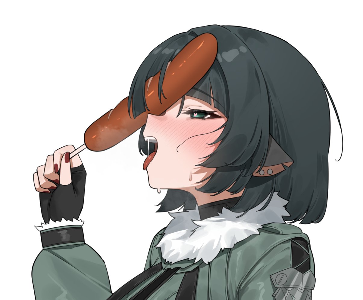 animal ears, female, flasso, jane doe (zenless zone zero), long hair, mouse ears, open mouth, rat ears, sausage, sexually suggestive, zenless zone zero