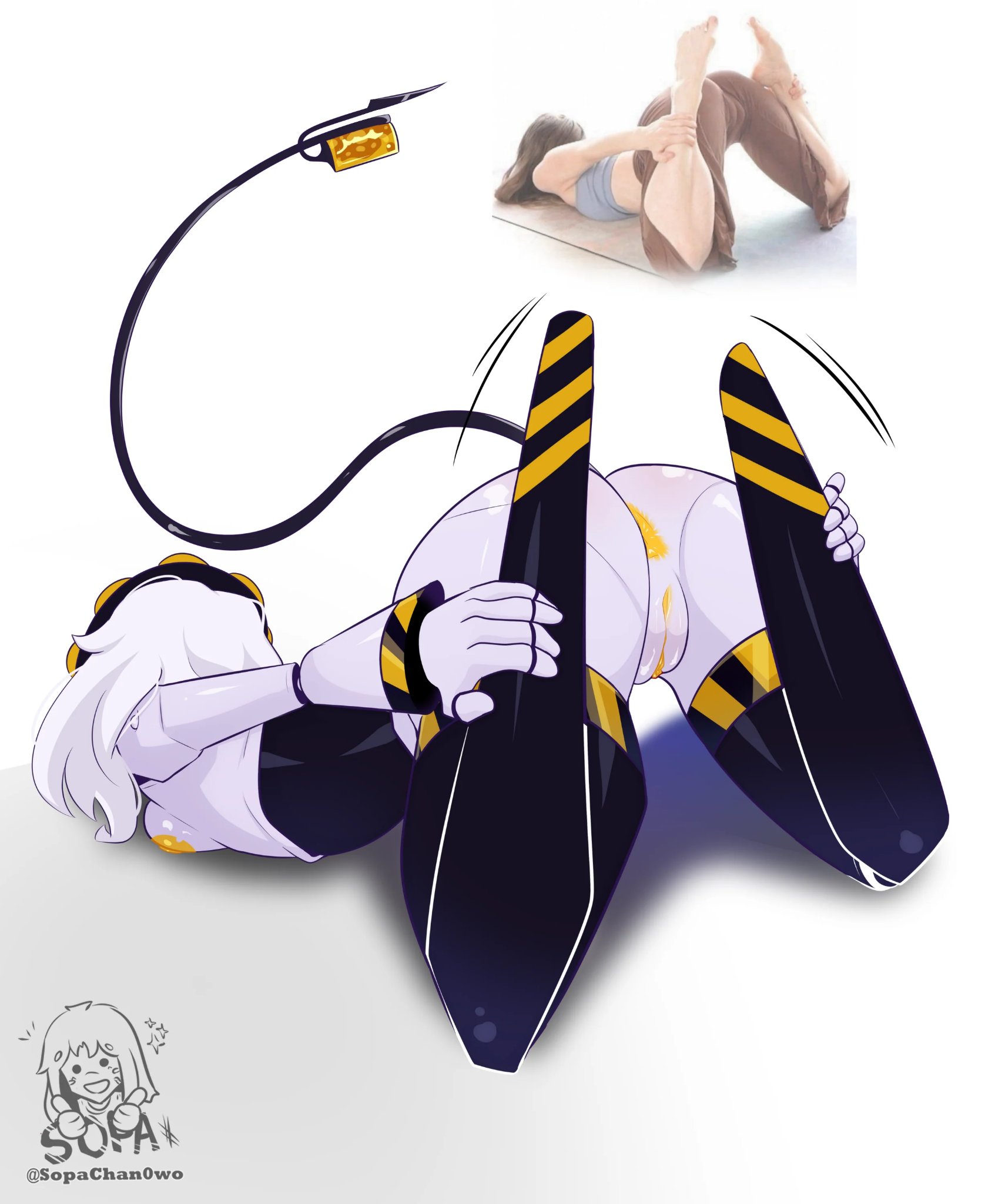 back view, female, female only, fully nude, hands on legs, hi res, high resolution, murder drones, naked female, sopa-chan, stretching, tail, v (murder drones), yellow anus, yellow areola, yellow pussy, yoga pose meme 2026