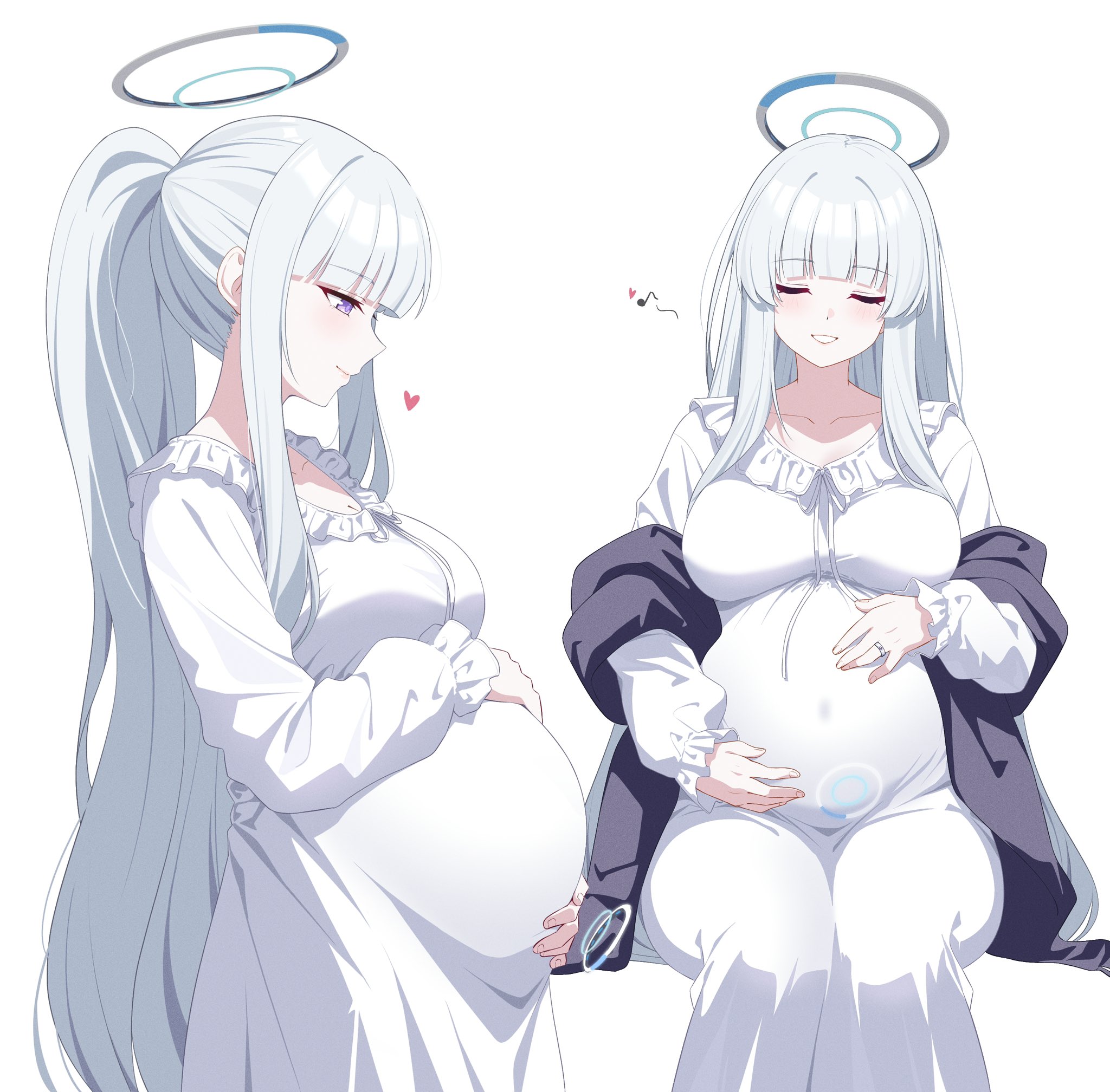 big breasts, blue archive, closed eyes, female, female only, fully clothed, holding belly, long hair, maternity clothes, maternity dress, nightgown, noa (blue archive), pale skin, pale-skinned female, ponytail, pregnant, purple eyes, reia 76, sitting, solo, very long hair, wedding ring, white hair, wholesome
