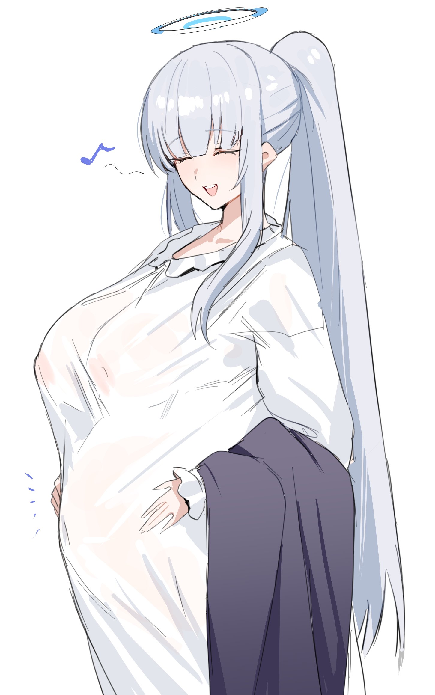 big breasts, blue archive, female, female only, halo, horn/wood, huge breasts, long hair, maternity clothes, maternity dress, nightgown, nipples visible through clothing, no bra, noa (blue archive), ponytail, pregnant, smile, solo, very long hair, white hair, wholesome, woodhornr18