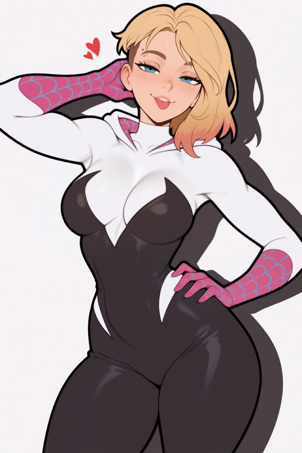 1girls, ai generated, big ass, big breasts, female, female only, gwen stacy (spider-verse), heart symbol, marvel, seductive look, solo, spider-gwen, spider-man (series), spider-man: into the spider-verse, thick thighs