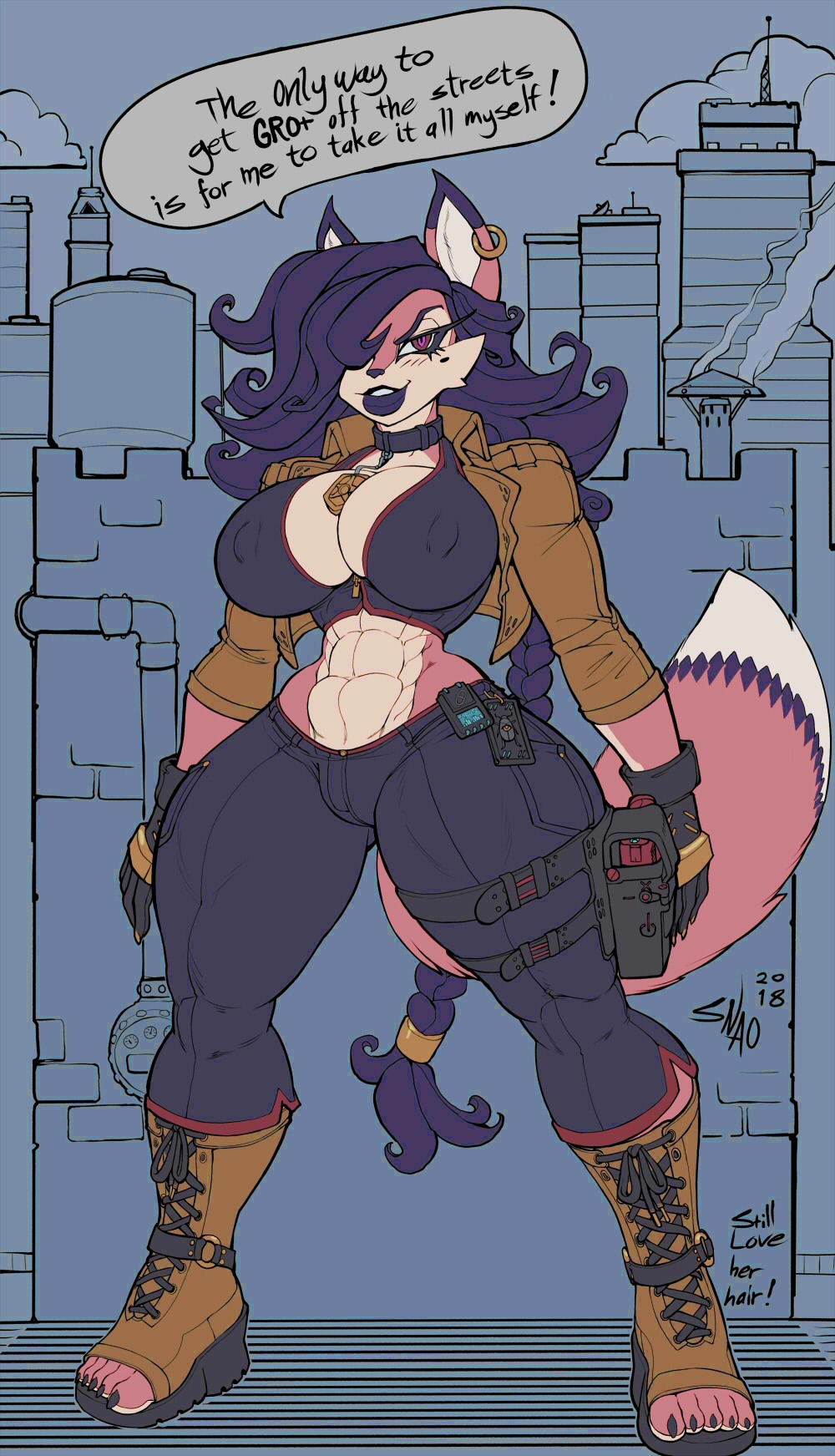 1girls, abs, boots, braided ponytail, breasts, carmelita fox, collar, covered nipples, crop top, cropped jacket, curvy, female, female focus, female only, fox, furry, gun, hair over one eye, handgun, holster, huge breasts, lips, open toe shoes, sly cooper (series), smooth fur, snao, thick thighs, thigh holster, thighs, toned, very long hair, wide hips