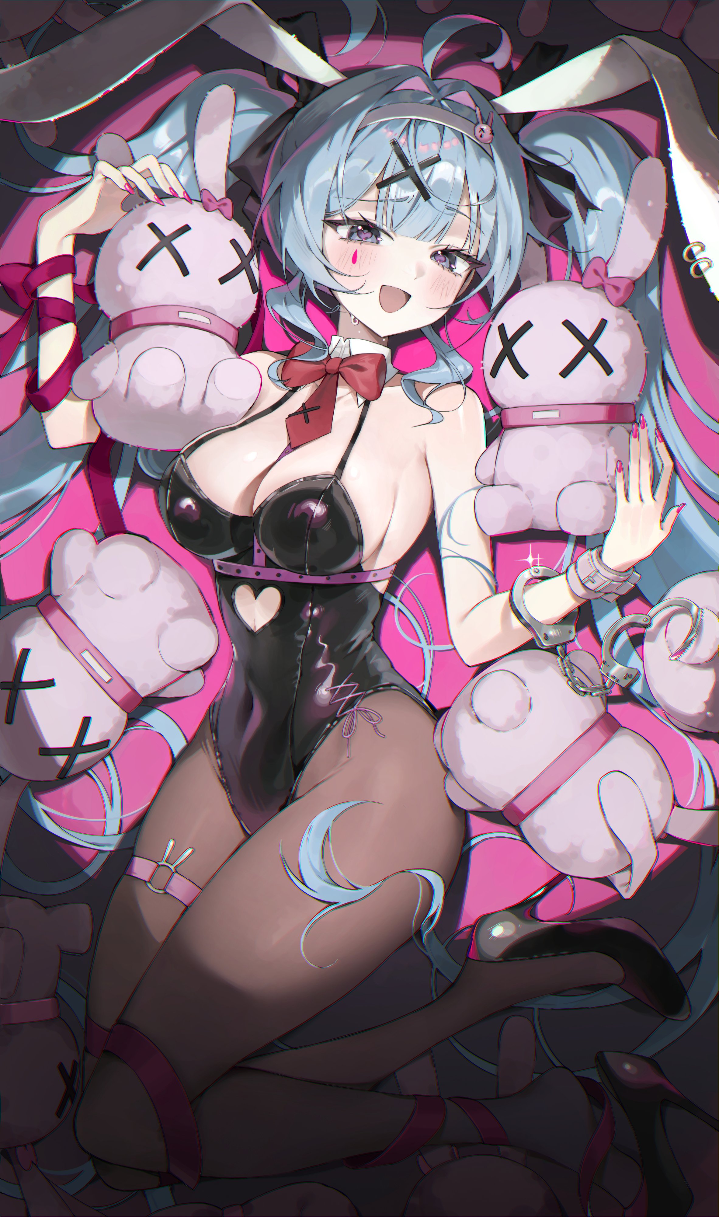 :d, 1girl, absurdres, ahoge, animal ear hairband, animal ears, bangs, bare shoulders, between breasts, black footwear, black leotard, black shoes, blue eyes, blue hair, blush, bound, bound legs, bound wrists, bow, bowtie, breasts, brown pantyhose, bunny ears, bunnysuit, center-flap bangs, chama (chacoc0), chest strap, cleavage, clothing cutout, collar, commentary, covered groin, covered navel, cuffs, cutout above navel, detached collar, facial mark, fake animal ears, female, female only, hair intakes, hair ornament, hair ribbon, hairband, handcuffs, hatsune miku, high heels, highres, large breasts, leotard, long hair, looking at viewer, lying, nail polish, necktie, o-ring, o-ring thigh strap, on back, open mouth, pantyhose, pink nails, pink necktie, pink ribbon, playboy bunny, rabbit ear hairband, rabbit ears, rabbit hole (vocaloid), red nails, ribbon, shoes, short necktie, single wrist cuff, smile, solo, spotlight, stuffed animal, stuffed bunny, stuffed rabbit, stuffed toy, sweat, teardrop facial mark, thigh strap, twintails, very long hair, vocaloid, white hairband, wrist cuffs, x hair ornament, x x