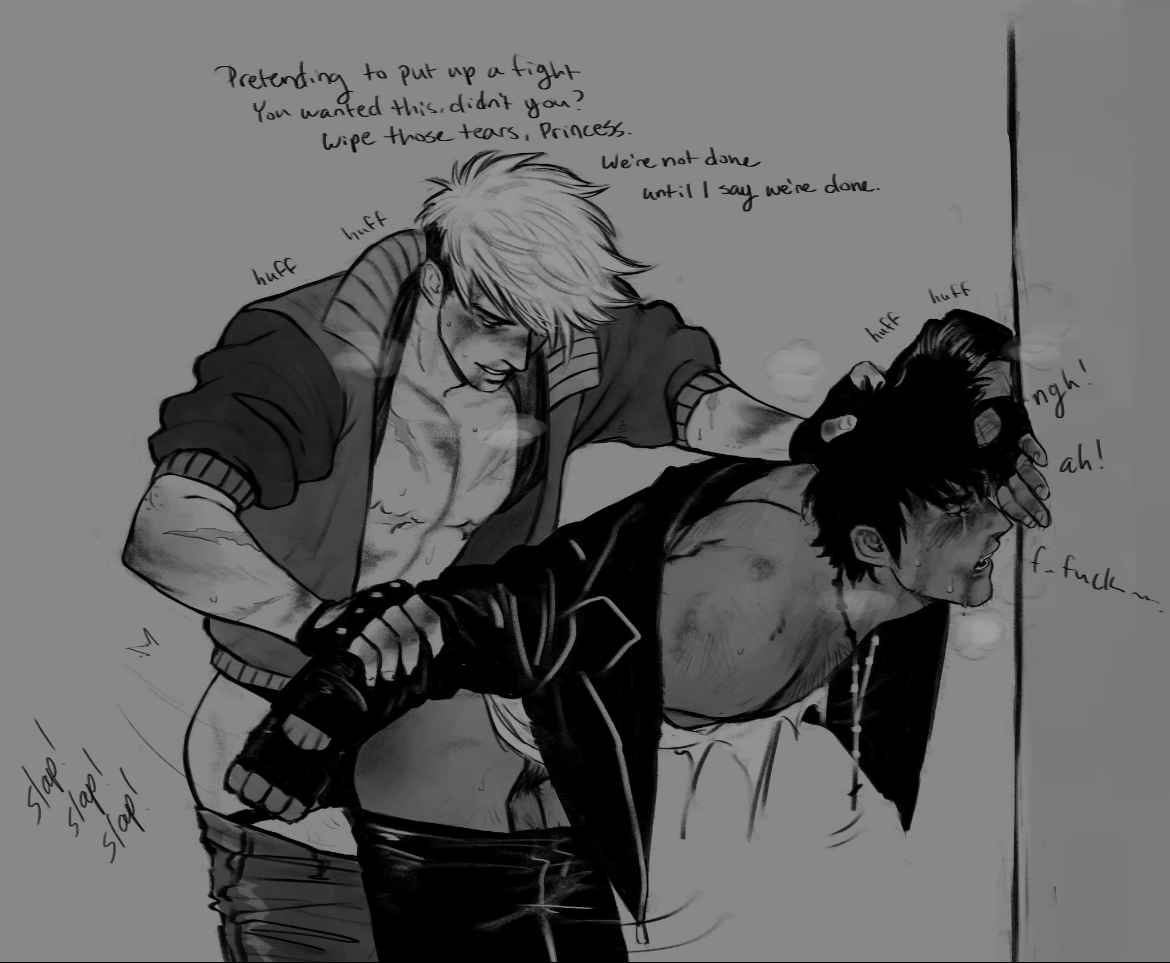 2boys, anal, anal rape, arcadianpeach, bent over, black and white, blood on face, boy rape, bruises, clothed sex, cocky, crying, dark-skinned male, dominant male, fingerless gloves, forced, forced anal, fucked from behind, fucked into submission, fucked senseless, fucked silly, gay, grabbing hair, grabbing wrists, human, light-skinned male, male, male only, male rape victim, molestation, nicholas d wolfwood, noncon, nonconsensual, pinned, pinned to wall, rape, strap-on, submissive male, taunting, top surgery scars, trans man, transmasc, trigun, trigun stampede, vash the stampede, yaoi