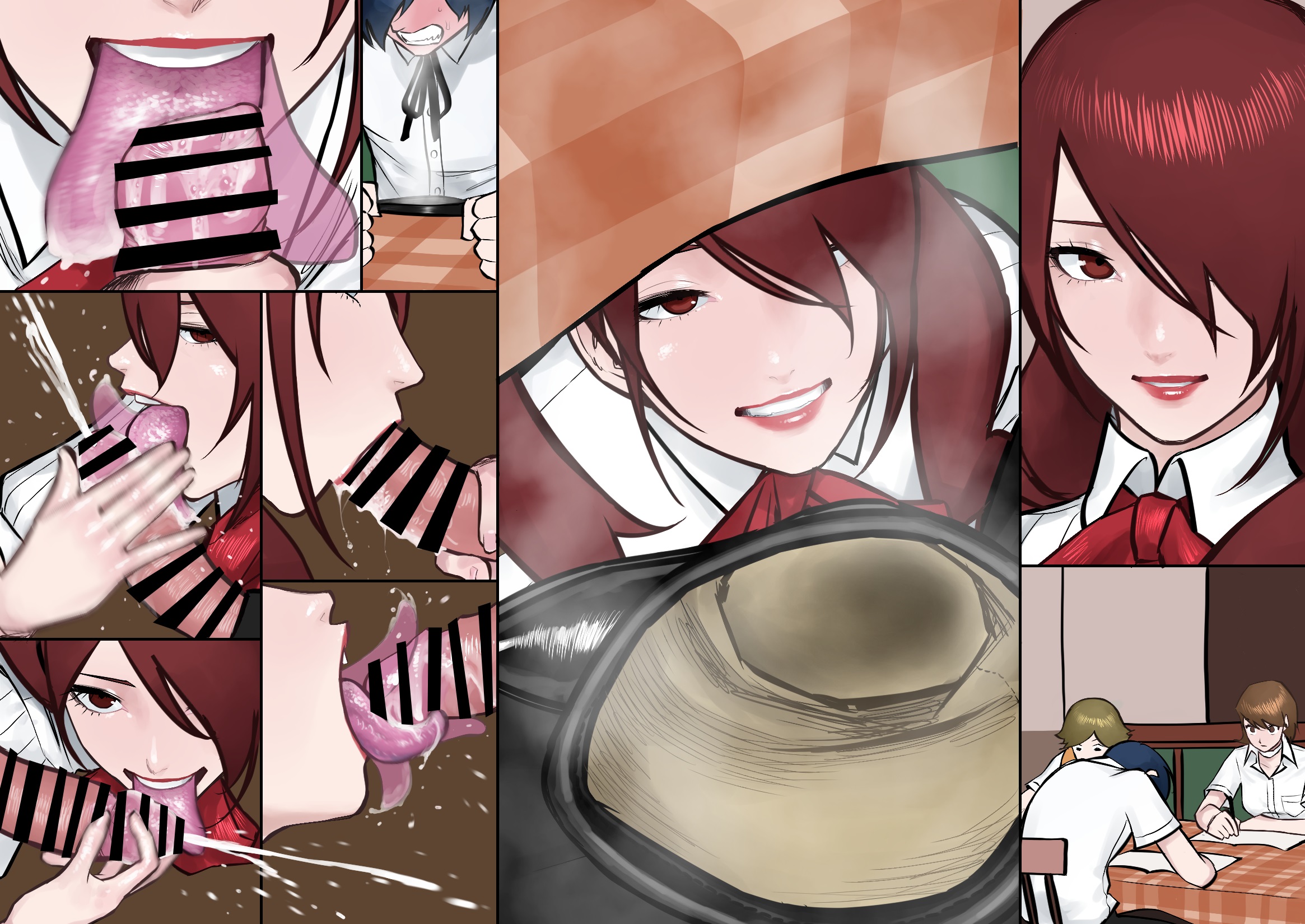 blowjob, censored, cum, koukou panchi, mitsuru kirijo, multiple boys, multiple girls, persona, persona 3, public indecency, smell, tagme, under the table