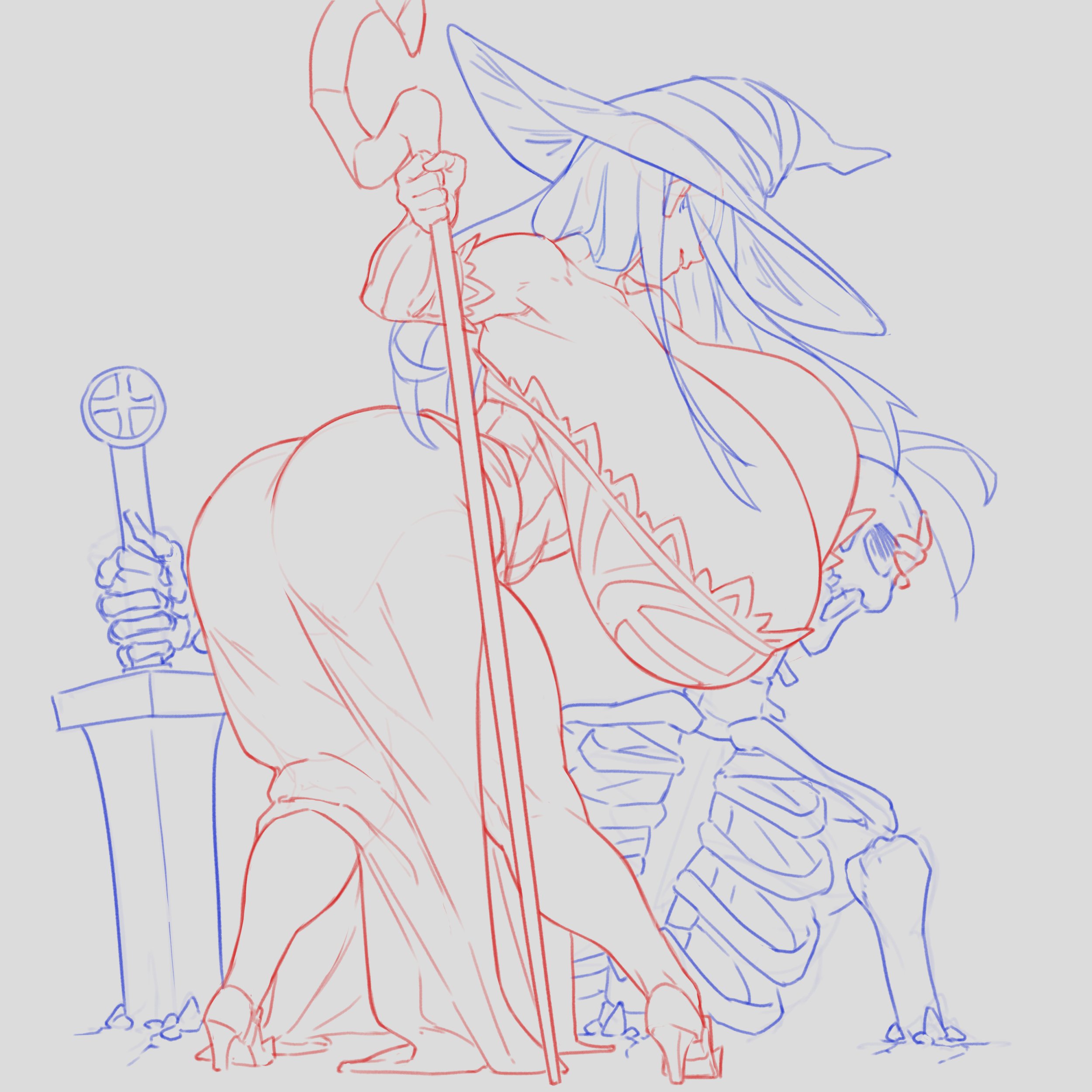 dragon's crown, hanging breasts, hayabusart, high heels, huge ass, huge breasts, skeleton, sorceress (dragon's crown), sword, thick thighs