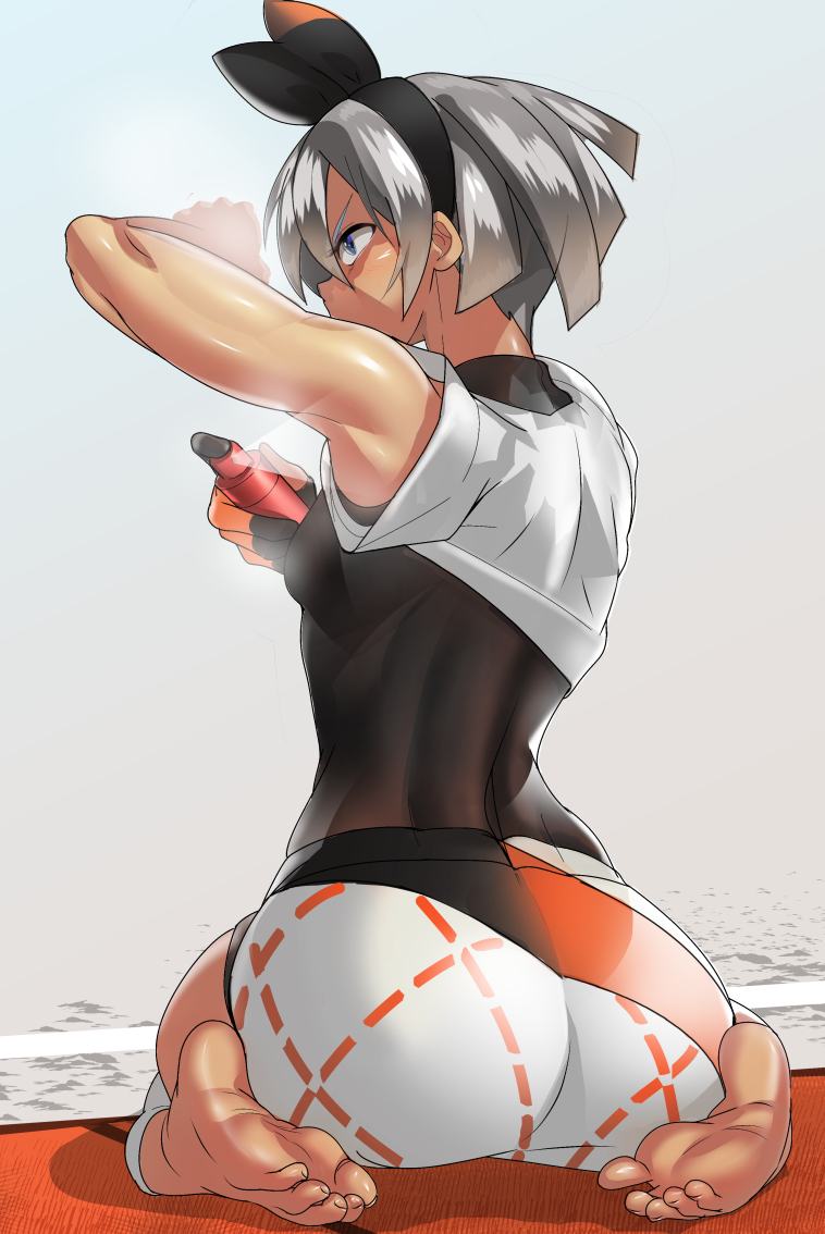 1girls arm_up armpits ass ayakumo back barefoot bea_(pokemon) big_ass bodysuit breasts clothed dark-skinned_female feet female looking_away nintendo pokemon pokemon_ss shorts small_breasts soles toes