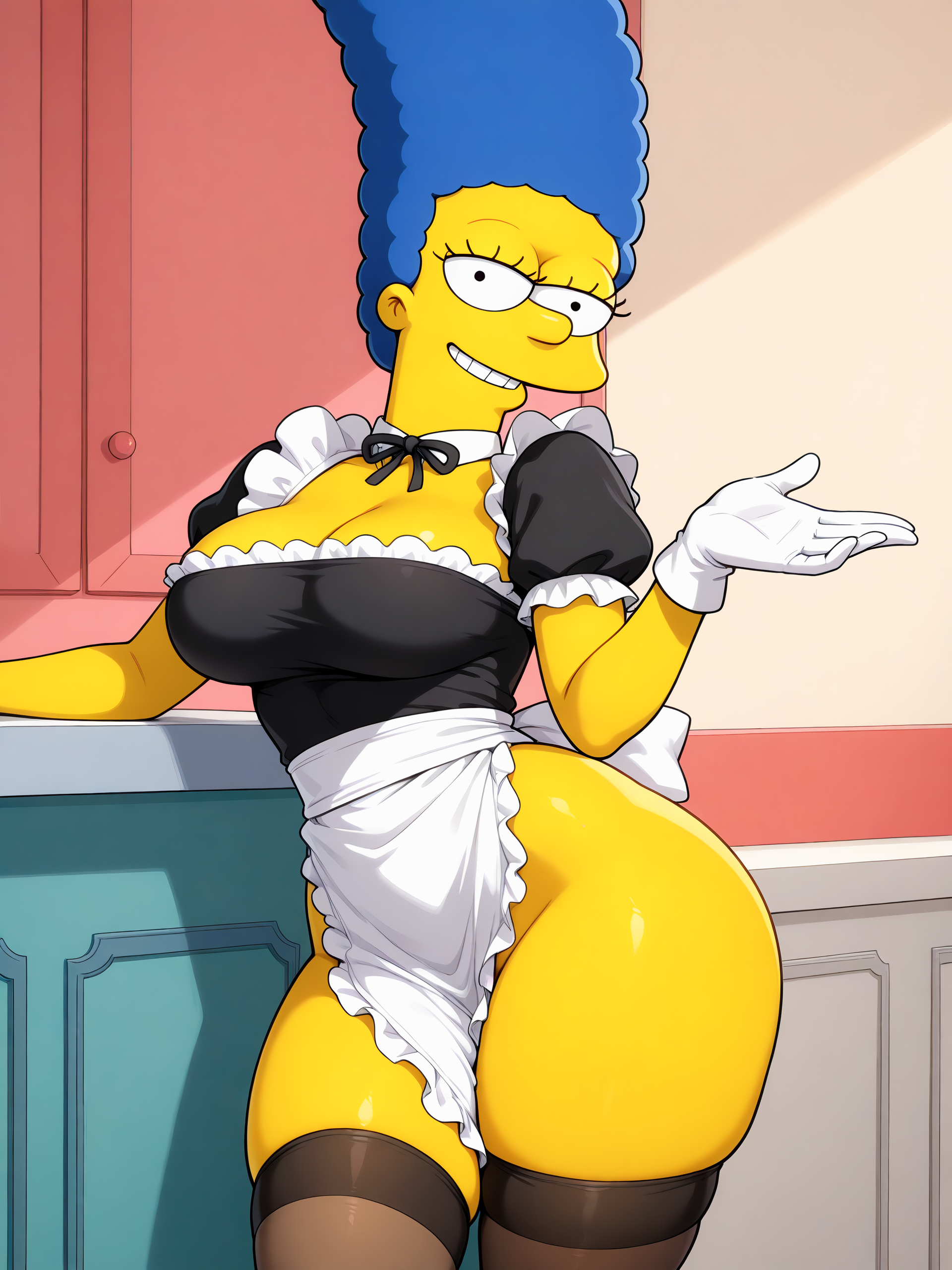 ai generated, big ass, big breasts, big butt, cartoon, cartoon character, cartoon milf, cartoon mom, cartoony, cleavage, gloves, indoors, maid, maid outfit, maid uniform, marge simpson, mature female, mature woman, milf, mommy, mother, no panties, robotkesh, seductive, seductive look, seductive smile, solo, solo female, stockings, teasing, the simpsons, thick thighs, uniform, wide hips
