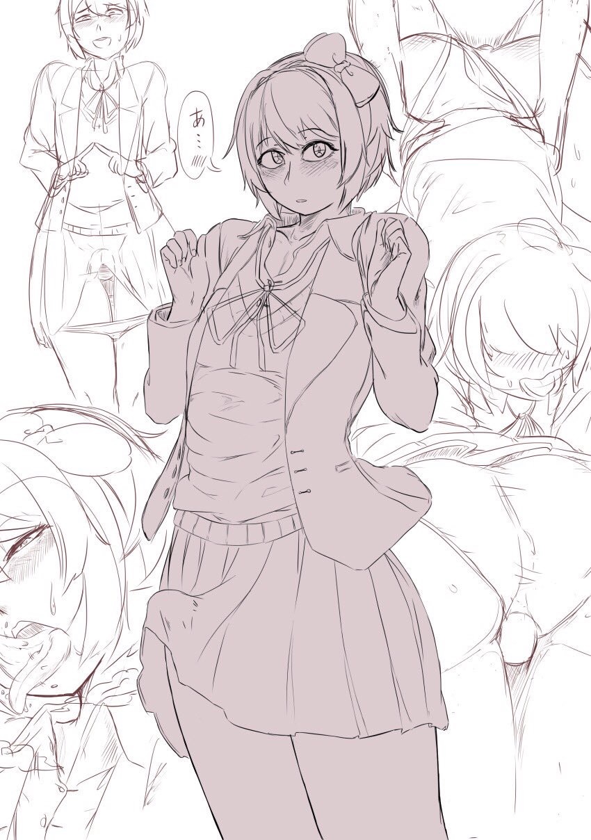 anal, anal penetration, anal sex, ass, blush, bulge, crossdressing, doki doki literature club, erection under clothes, erection under skirt, female, femboy, from behind, from behind position, girly, just sayori, kaxiota, looking at viewer, male, monochrome, penis, penis under clothes, penis under skirt, rough sketch, sayori (doki doki literature club), short hair, shy, skirt, speech bubble, tongue, tongue out, trap