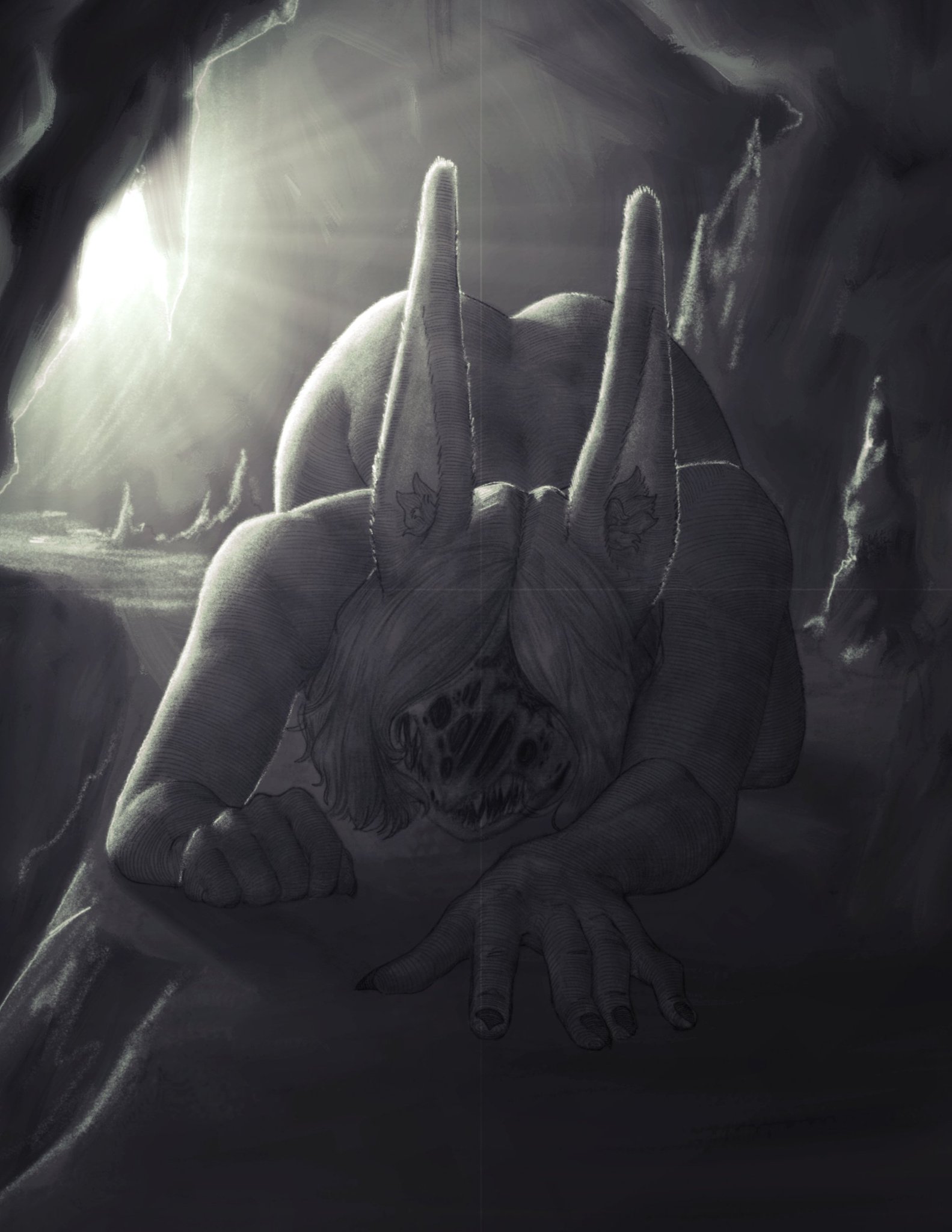 1girl, ass, ass up, big ass, big ears, cave, claws, crawling, creepy, female, hole (anatomy), horror, light, looking at viewer, monster, monster girl, nightmare fuel, nightmare waifu, no eyes, nude, nude female, numiv2, sharp teeth, top-down bottom-up, trypophobia