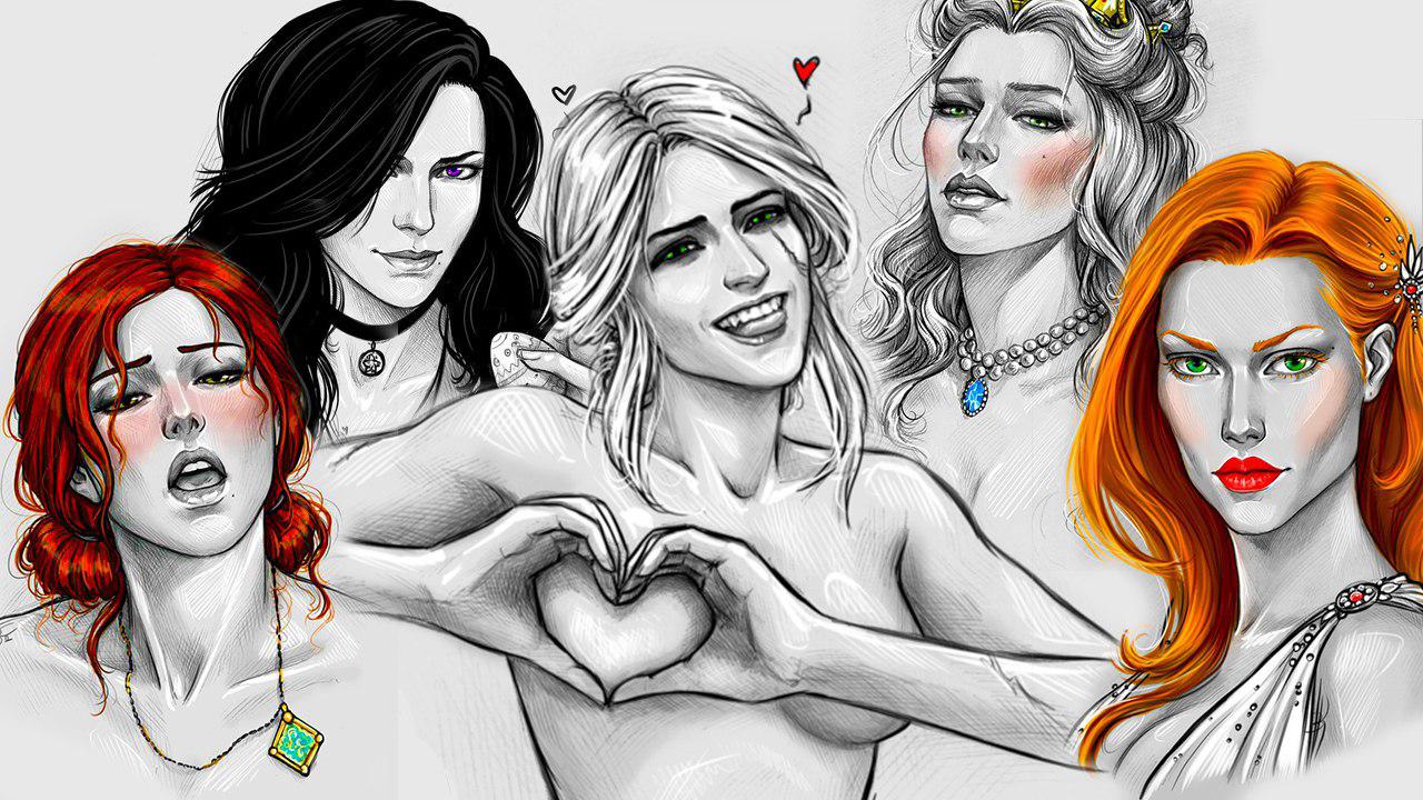 5girls, anna henrietta, blush, breasts, cd projekt red, ciri, female, heart shape, nastyaskaya, open mouth, the witcher, the witcher (series), the witcher 2, the witcher 3: wild hunt, triss merigold, yennefer