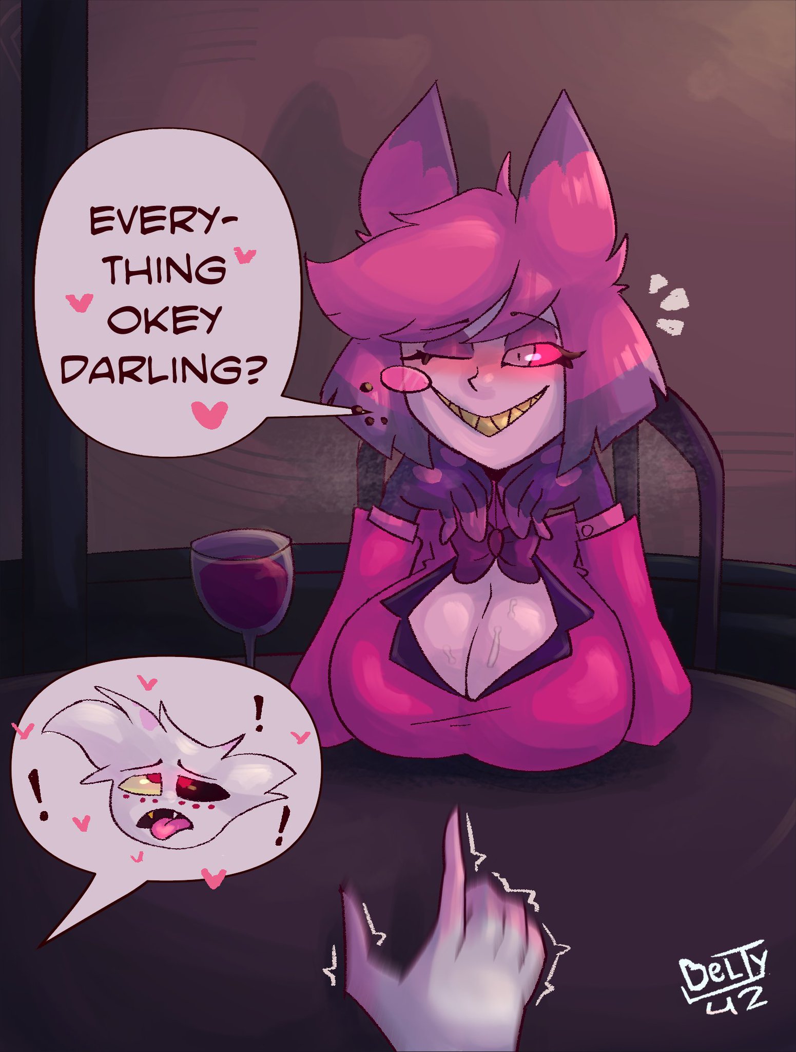 ahe gao, ahegao, alastor (hazbin hotel), angel dust (hazbin hotel), belty42, big breasts, dialogue, female alastor, large breasts, rule 63, sweat, teasing, tentaclejob, under table, under the table, usagi star