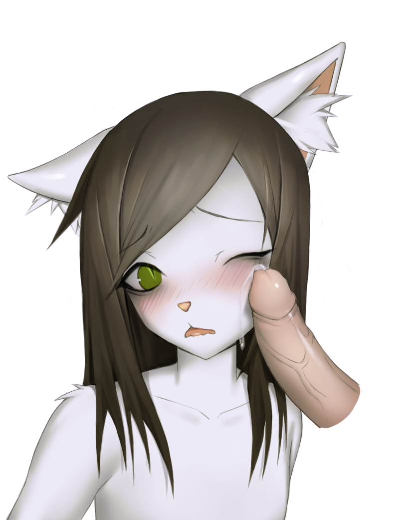 2019 anthro blush bodily_fluids dantae_meoi digital_media_(artwork) disembodied_penis domestic_cat duo felid feline felis female female_focus flat_chested fur genital_fluids hair long_hair male mammal open_mouth penis solo_focus straight white_fur