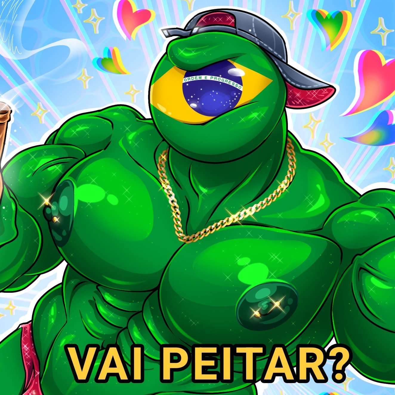 baseball cap, brazil, brazil (countryhumans), brazilian portuguese, cap, countryhumans, gold chain, gold jewelry, green skin, heart, hearts around head, jv draws, jx drawings, jxdrawings, male only, muscular, muscular male, nipple piercing, portuguese, portuguese text, sparkly underwear, thong