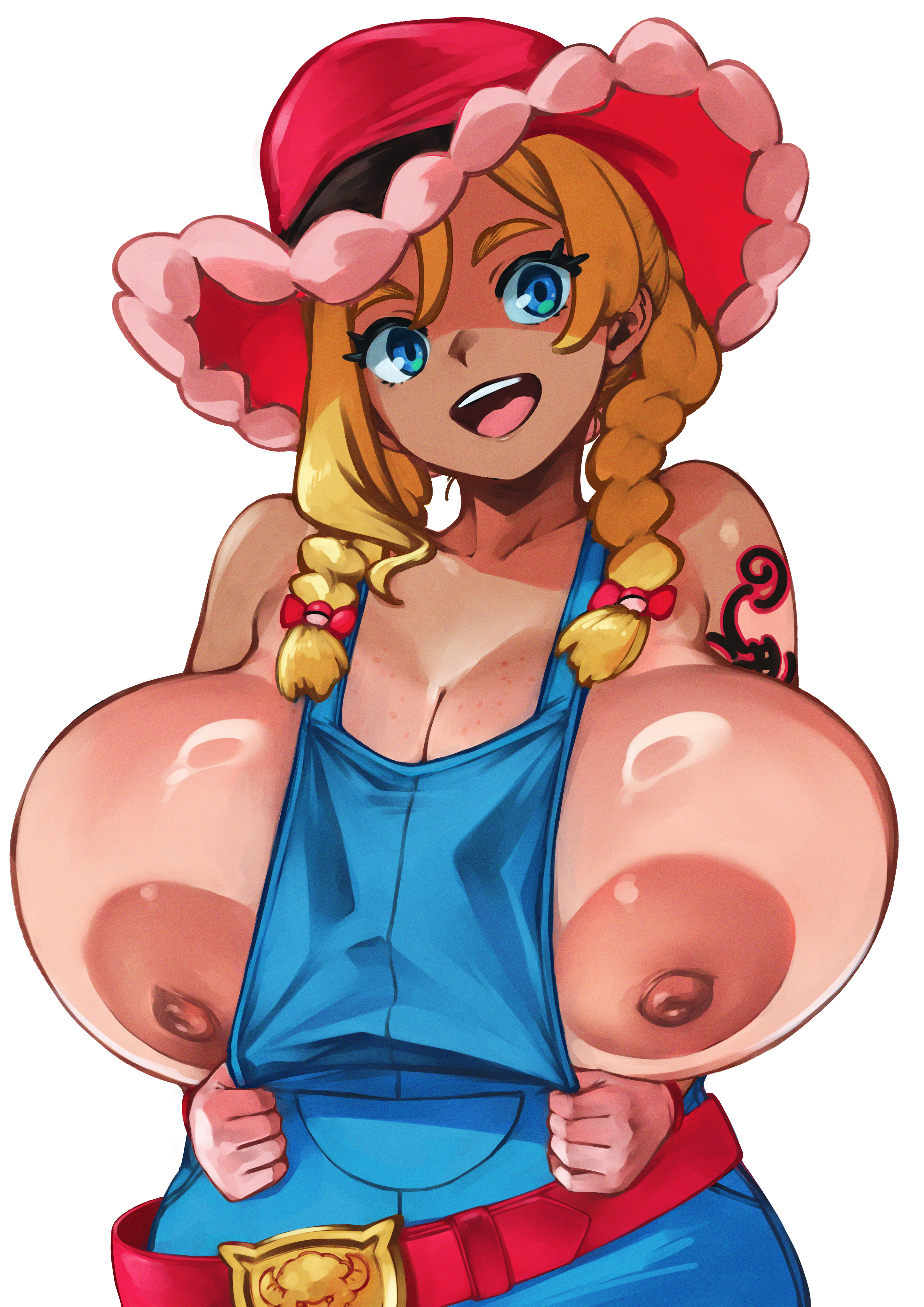 1girls, areola, areola slip, areolae, areolae slip, big breasts, blonde hair, blue eyes, breasts, breasts out, dark skin, dark-skinned female, farmer, female, jeans, kitt (pokemon), kyugata, large boobs, large breasts, large tits, nipples, pokemon, pokemon champions, rucola (pokemon), solo, solo female