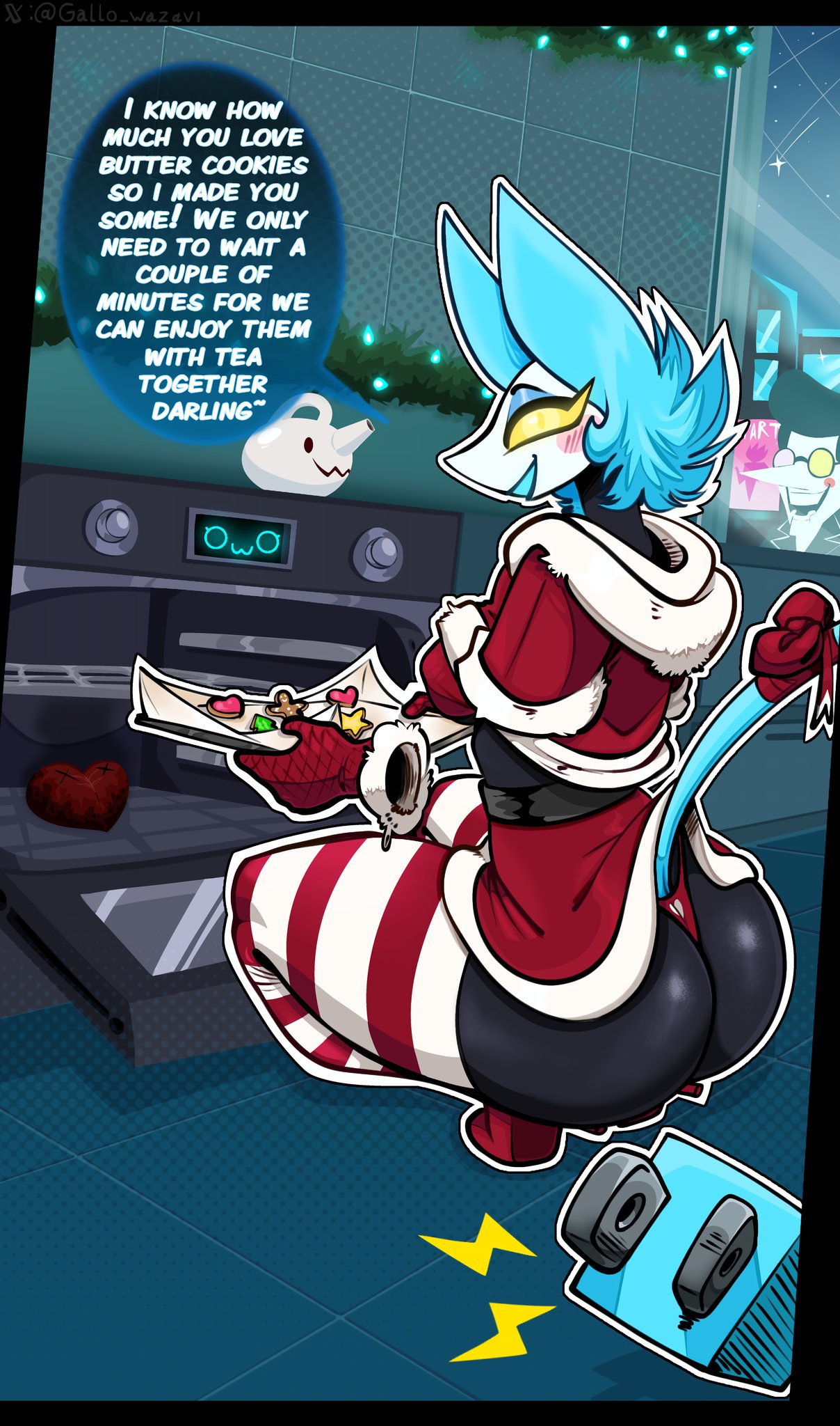 1:1, 2025, anthro, ass, baking, bikini, bikini bottom, bikini top, black body, blue eyeshadow, blush, blush lines, boots, bottomwear, bra, cat ears, christmas, christmas clothing, christmas outfit, cookies, darkner, deltarune, deltarune chapter 2, dialogue, english text, eyelashes, eyeshadow, felid, feline, footwear, gallo wazavi, hair, hi res, mammal, panties, red boots, red bra, red panties, robot, robot anthro, smile, spamton g spamton, tail, tasque manager (deltarune), text, topwear, undertale (series), yellow eyes
