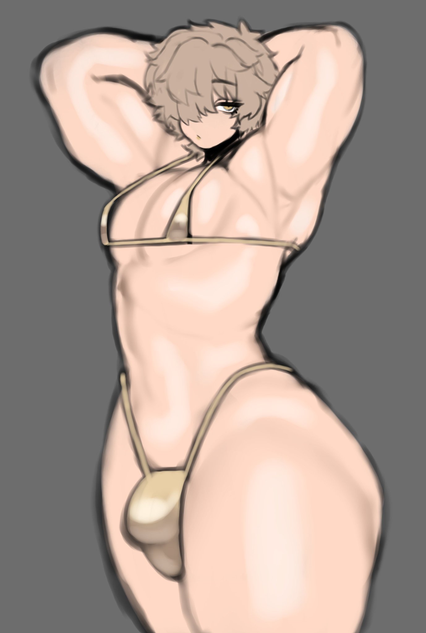 1boy, almost naked, almost nude, ambush (trap), big arms, bikini, bikini bottom, bikini top, boy, brown hair, bulge, femboy, femboy dilf, golden bikini, grey background, hair over one eye, half-closed eyes, himbo, light brown hair, light skin, light-skinned male, male, male focus, male only, mctamagomaki, micro bikini, muscular femboy, no belly button, pecs, simple background, tagme, thick thighs, thong, wide hips, yellow eyes