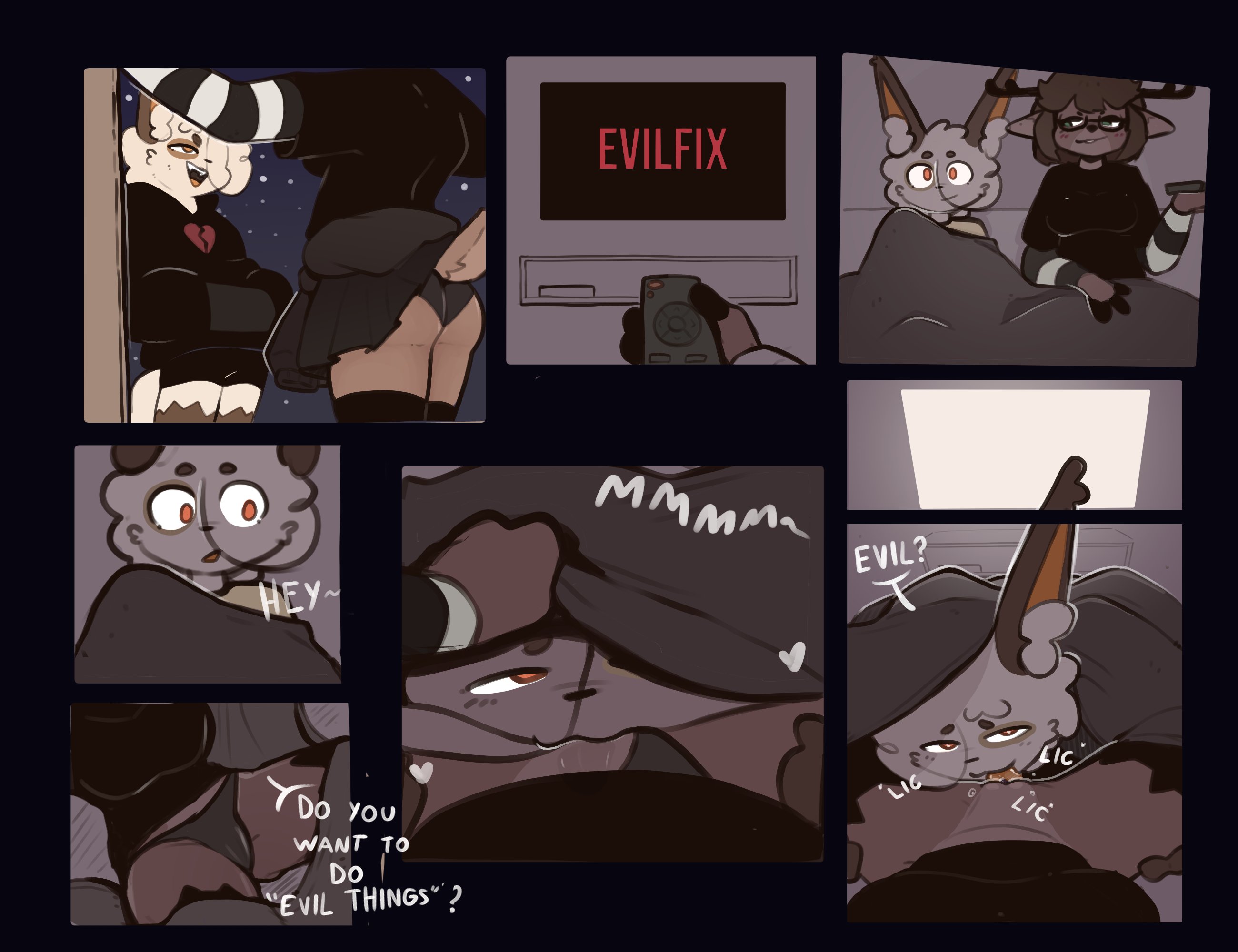 1boy, 1girl1boy, 2026, 2d, 2d (artwork), anthro, anthro on anthro, antlers, black panties, blanket, bottomwear, breasts, brown fur, brown hair, clothed sex, comic, cunnilingus, deer, divu (divucup), divucup, duo, english text, eyewear, felid, felis, female, femboy, femboy on female, fluids, fur, furry female, furry male, furry only, genital fluids, genitals, glasses, green eyes, hair, hi res, hoodie, horn, humanoid, male/female, mammal, mini comic, multicolored fur, netflix and chill, oral, oral sex, pattern clothing, pattern shirt, pattern topwear, remote control, saliva, sex, shirt, shorts, skirt, striped clothes, striped panties, striped topwear, tagme, text, tv, tv screen, under blanket, under covers, underwear, vagina, vulva, wearing glasses, white fur