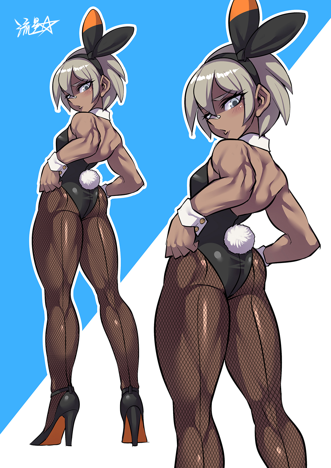 1girls, ass, bea (pokemon), breasts, bunnysuit, clothed, dark skin, dark-skinned female, female, headband, muscular, muscular female, pokemon, pokemon ss, ribbon, ryuusei (ryuuseiseikou)