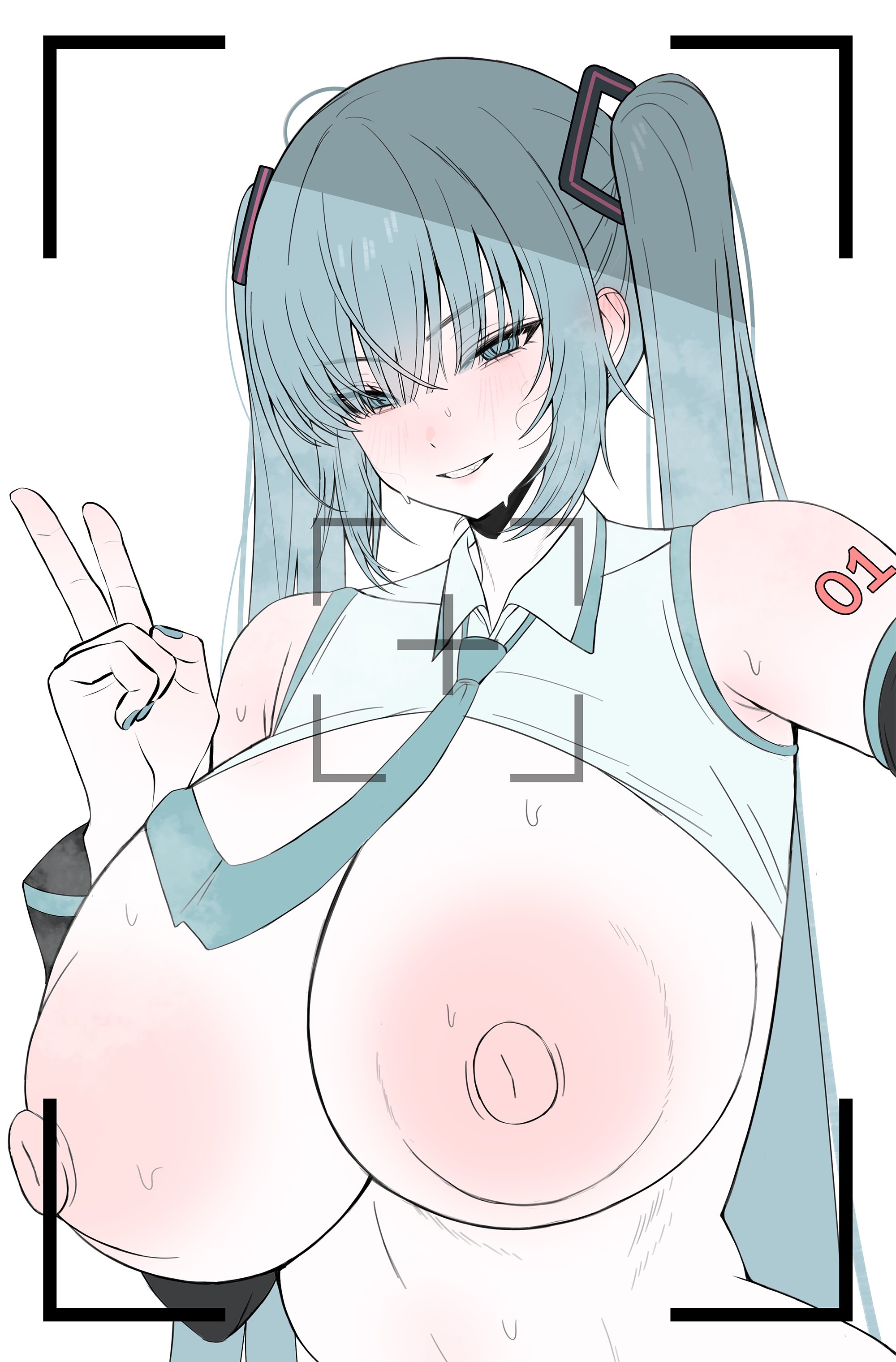 1girl, aqua eyes, aqua hair, bangs, bare shoulders, blue eyes, blush, breasts, detached sleeves, hatsune miku, huge breasts, large areolae, long hair, looking at viewer, muchi4849, necktie, nipples, smile, solo, sweat, twintails, upper body, v, vocaloid