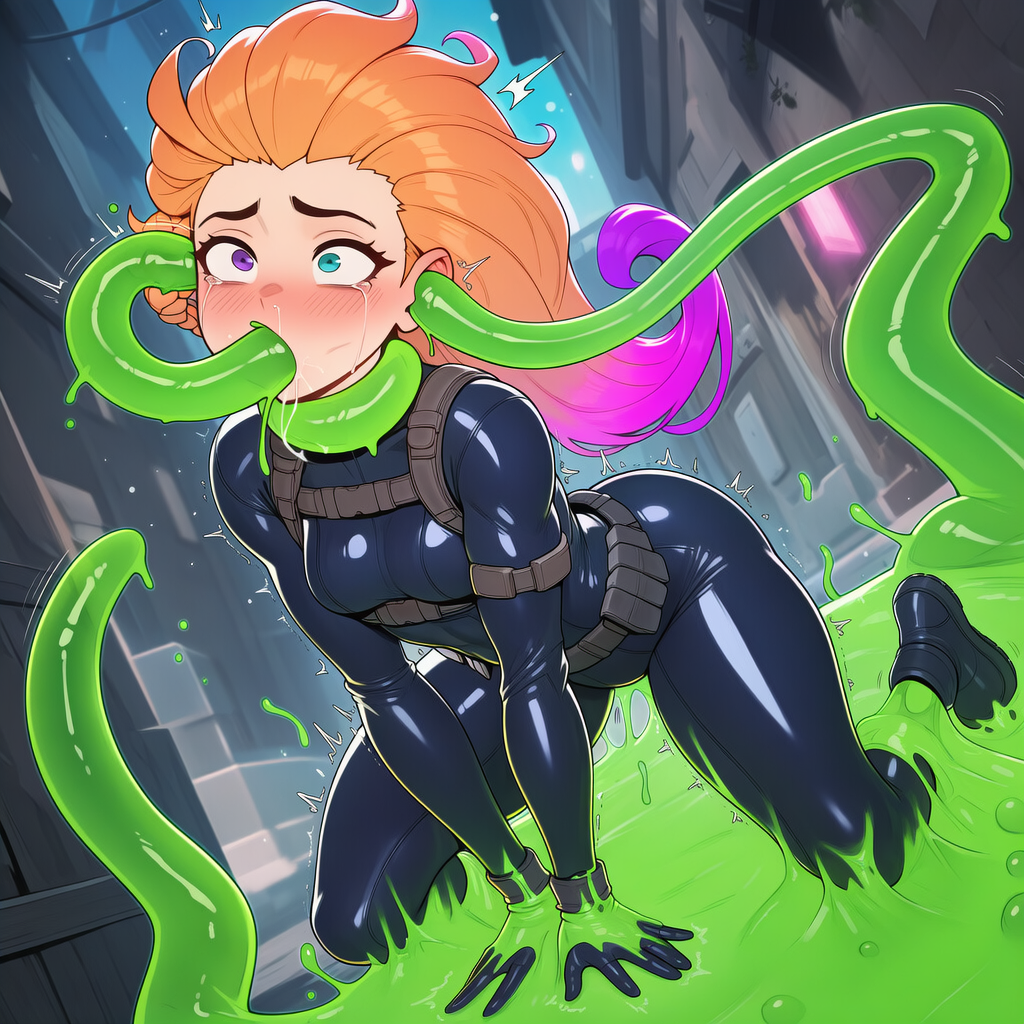 ai generated, alleyway, athletic, defeated, ear penetration, female, fit female, full body suit, fully clothed, green slime, heroine in trouble, latex, league of legends, peril, prussia123, rape, skull flossing, tactical gear, tentacle, tentacle rape, tight clothing, zoe (league of legends)