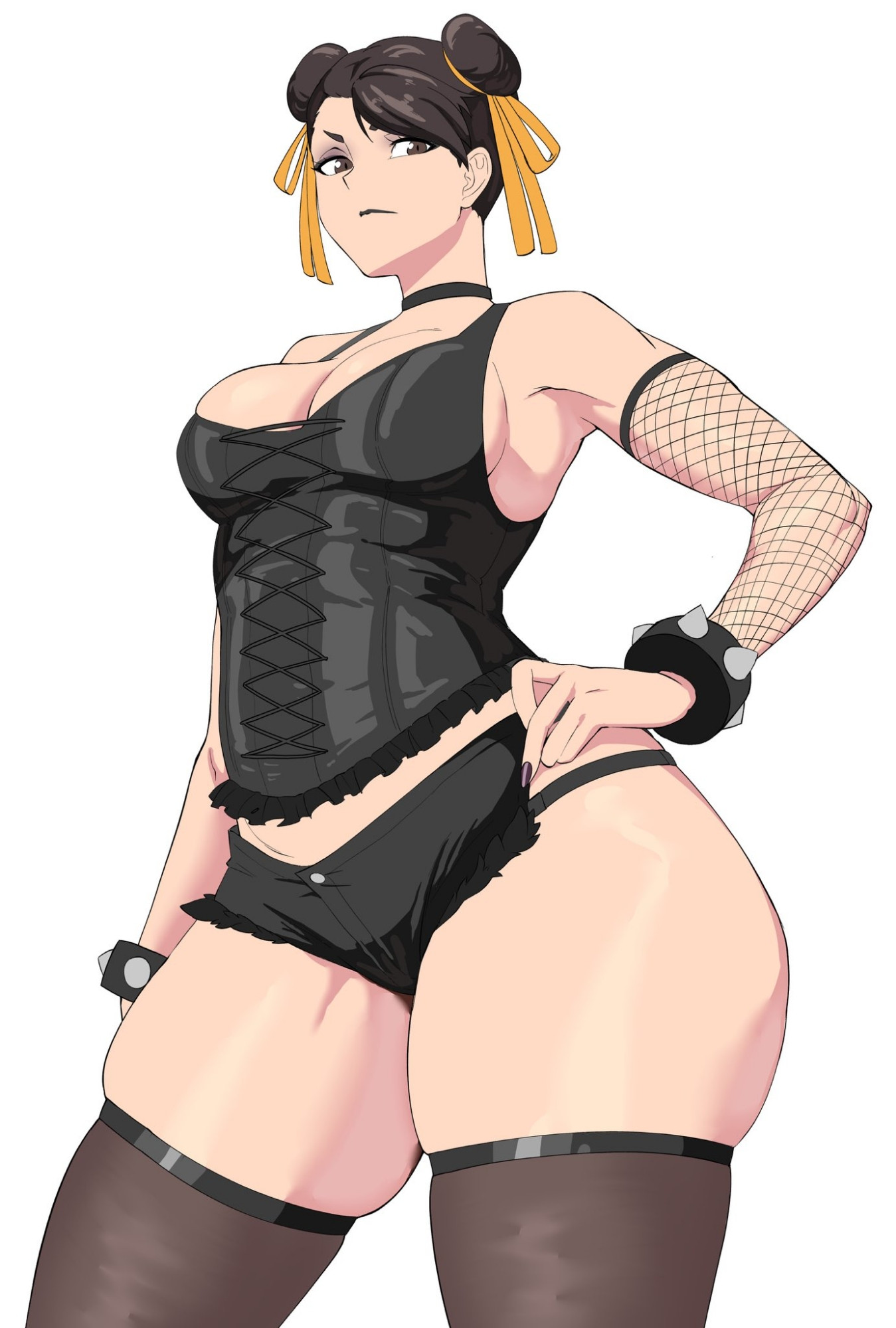about to burst, ass too big, bare shoulders, barely contained, barely contained ass, barely fits, black jeans, bracelet, breasts, brown eyes, brown hair, capcom, chun-li, cleavage, curvy female, curvy hips, denim, denim bottomwear, denim clothing, denim jeans, denim shorts, female, female only, goth, goth fashion, goth girl, hair bun, ill-fitting clothes, imminent wardrobe malfunction, jewelry, large breasts, long hair, looking down, micro shorts, octavius (octavius dp), octavius dp, shorts, sleeveless, slightly chubby, slightly chubby female, spiked bracelet, spikes, straining clothing, street fighter, thick thighs, thighhighs, thighs, tight clothes, tight clothing, tight fit, tight fitting clothing, tight jeans, tight shorts, too small clothes, too tight, undersized clothes, undersized clothing, white background, wide hipped female, wide hips