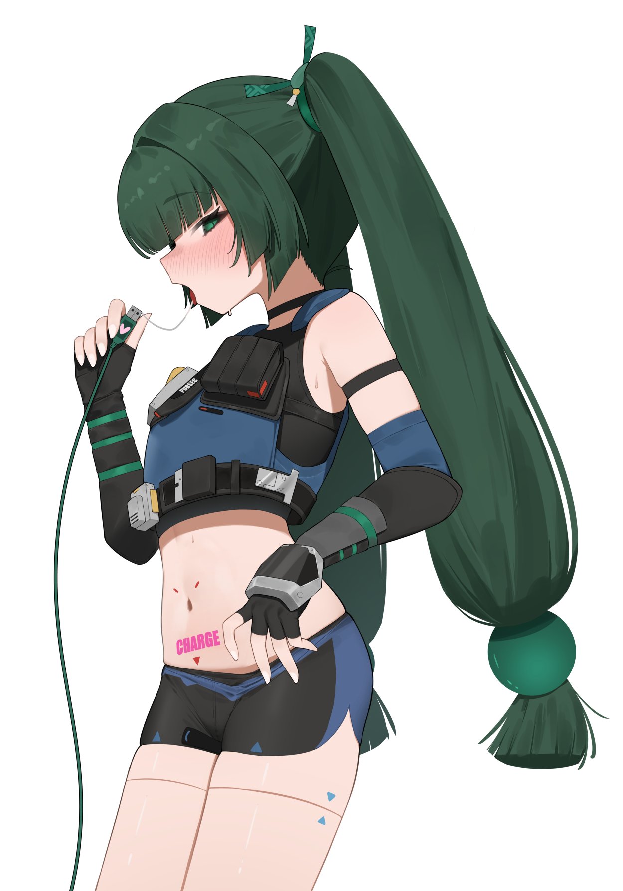 charging device, female, flasso, long hair, qingyi (zenless zone zero), saliva trail, zenless zone zero