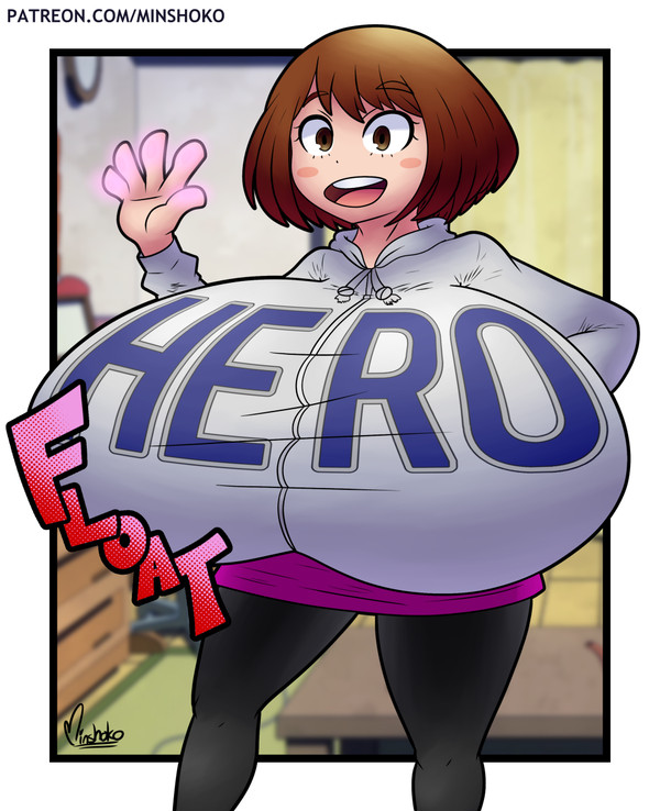 artist signature, artist website, breasts, brown eyes, brown hair, clothes, english text, female, female focus, female only, gigantic breasts, glowing, hoodie, human, human female, human focus, human only, humanoid, my hero academia, ochako uraraka, pantyhose, patreon url, rosy cheeks, skullgeist, tagme, text
