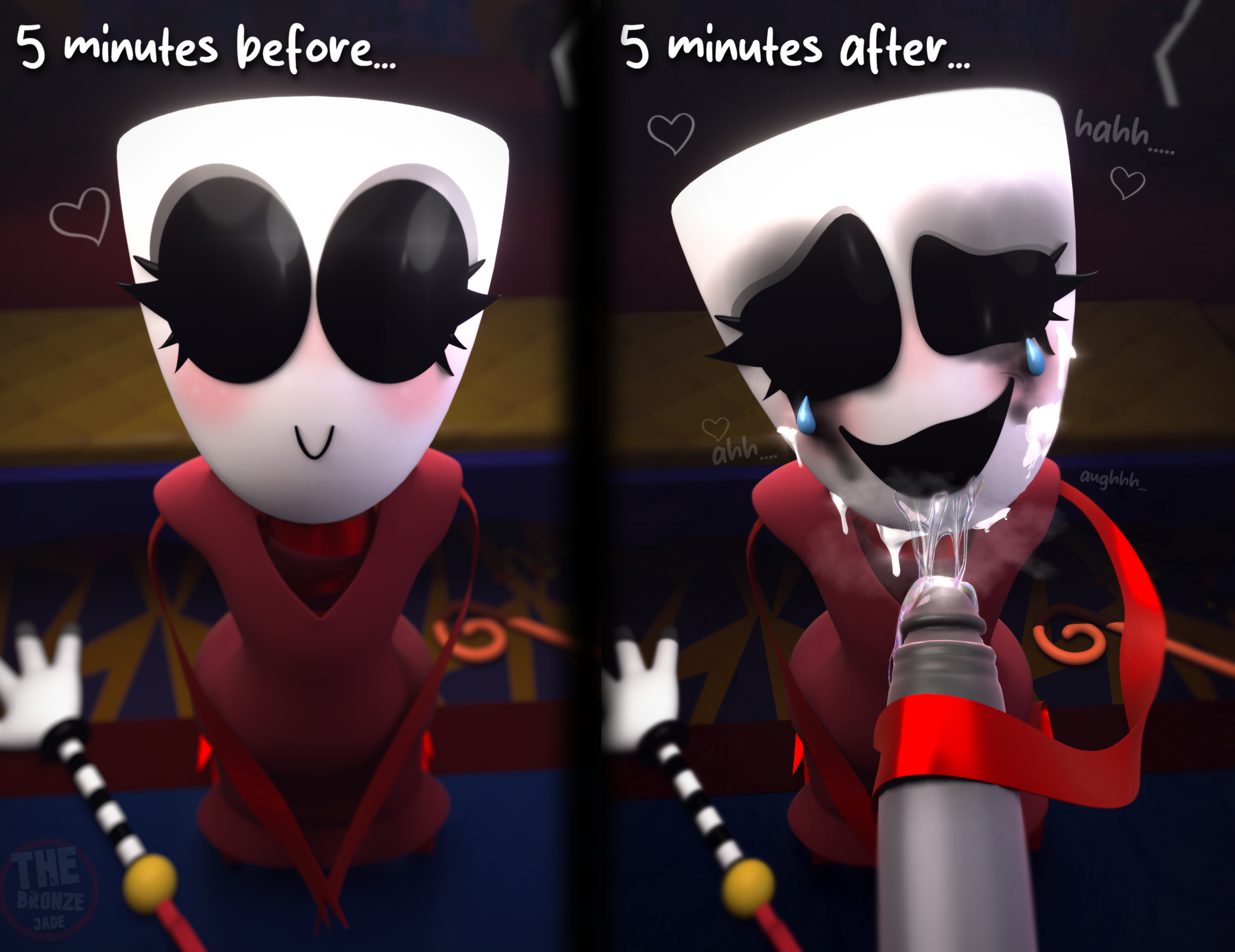 1boy1girl, 3d, 3d (artwork), after oral, bedroom background, cum on face, cute face, dripping cum, drool string, gangle (tadc), gangle (the amazing digital circus), looking at viewer, looking up, mascara tears, mask, open mouth, red dress, ribbon, ribbons, self upload, straight, tears, the amazing digital circus, thebronzejade18