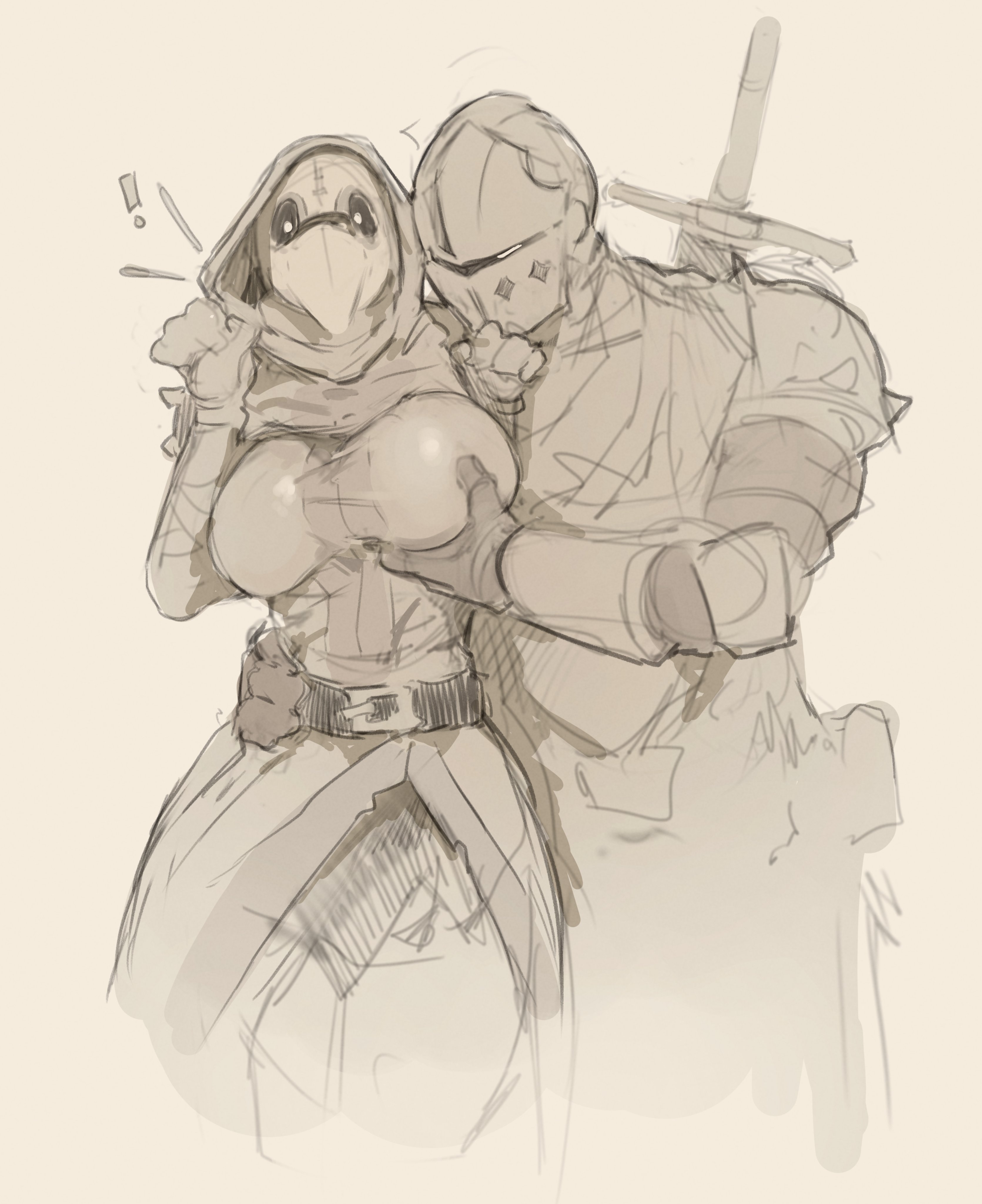 !, 1boy, 1girls, 2026, big breasts, breasts, clothed, clothed female, clothed male, crusader, crusader (darkest dungeon), darkest dungeon, female, fondling, hand on hip, helmet, hi res, holding breast, knight, male, male/female, mask, masked, masked female, masked male, midnight teeth, plague doctor, plague doctor (darkest dungeon), plague doctor mask, sketch, standing, surprised