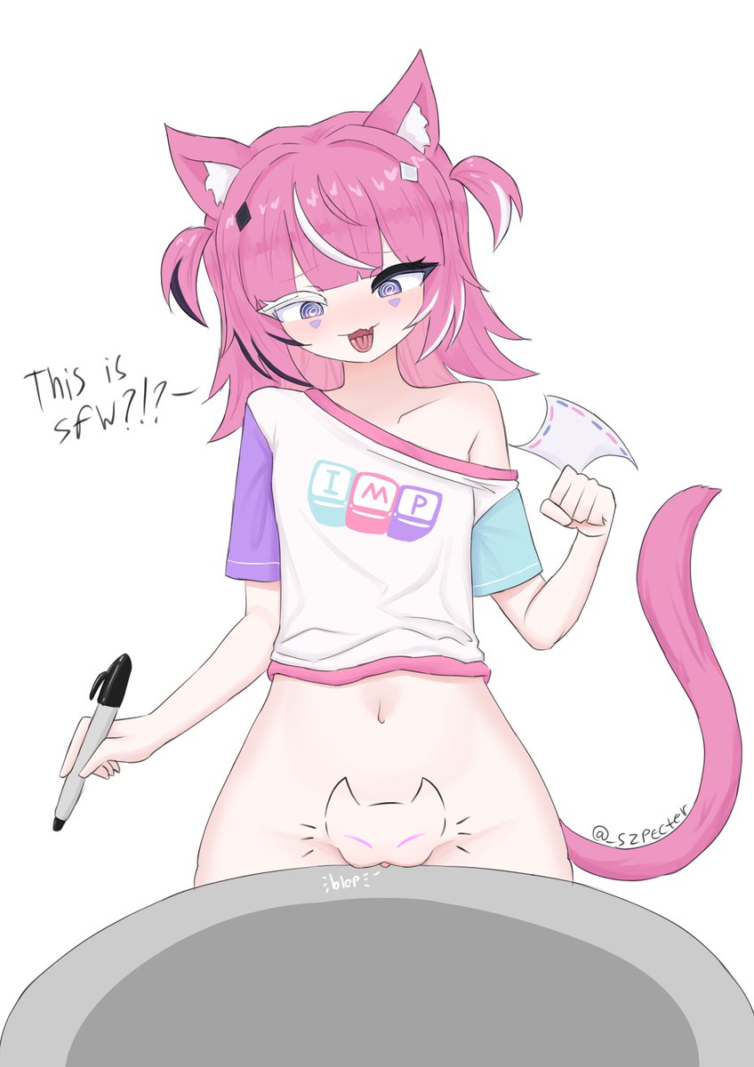 camila (vtuber), cat drawing, cat drawn on pussy, cat ears, cat tail, catgirl, clitoris, do you want to pet my cat (meme), imp, indie virtual youtuber, kitty trend pose, lifting shirt, meme, open mouth, pink hair, pussy, pussy-cat (meme), szpecter, tongue, virtual youtuber, vulva, wing