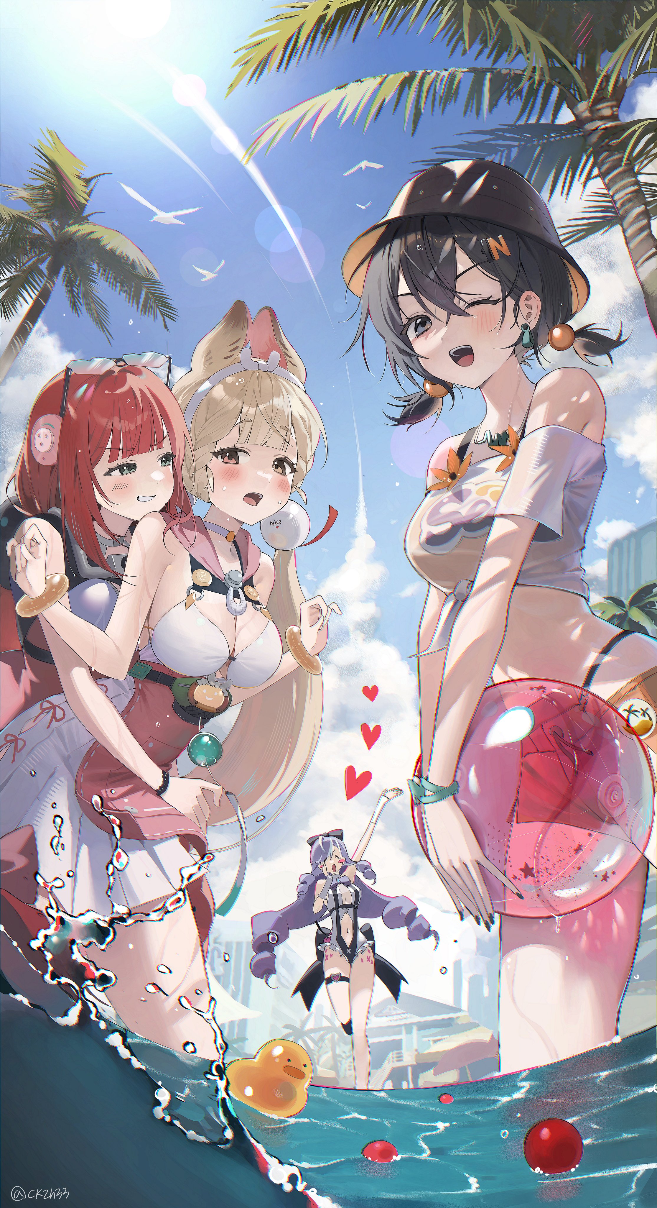 4girls, absurdres, alice thymefield, alice thymefield (sea of thyme), animal ear fluff, animal ears, arm up, bare shoulders, beach, belle (summer skies) (zenless zone zero), belle (zenless zone zero), bikini, bikini bottom under shorts, bikini top under shirt, bikini under clothes, black nails, blonde hair, blue hair, blue sky, bow, bowtie, bracelet, braid, braided twintails, breasts, bucket hat, chama (chacoc0), cleavage, closed eyes, clothing cutout, commentary, crossed bangs, drill hair, drill sidelocks, earrings, eyewear on head, female, female only, fingernails, fish hat, gradient-tinted eyewear, green eyes, grin, hair between eyes, hair ornament, hat, hearing aid, heart, heart-shaped eyewear, heterochromia, highres, holding, jewelry, large breasts, letter hair ornament, long hair, looking at another, looking at viewer, low twintails, midriff, multiple girls, navel, off shoulder, off-shoulder shirt, official alternate costume, one eye closed, one-piece swimsuit, open mouth, orange bikini, orange shorts, outdoors, palm tree, parted lips, pink one-piece swimsuit, purple bow, purple bowtie, purple hair, rabbit ears, rabbit girl, red eyes, red hair, rubber duck, see-through clothes, see-through shirt, shirt, short hair, shorts, sidelocks, sky, smile, sphere hair ornament, standing, standing on one leg, stomach cutout, swimsuit, thigh strap, tied shirt, tinted eyewear, tree, twintails, twitter username, two-tone one-piece swimsuit, ukinami yuzuha, ukinami yuzuha (tanuki in broad daylight), vivian banshee, vivian banshee (iris of the shore), wading, water, waving, white one-piece swimsuit, yellow eyes, zenless zone zero