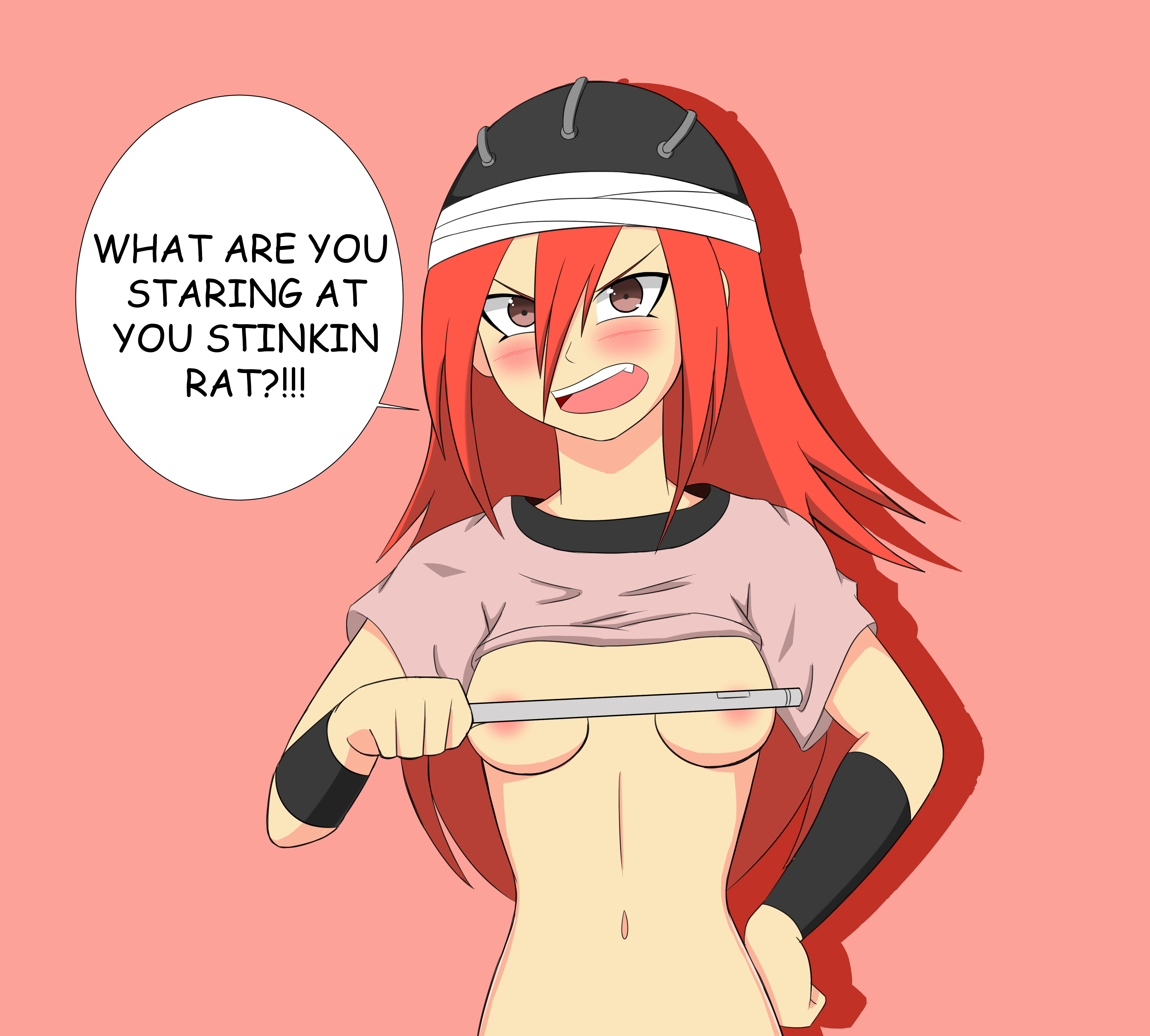 1girls, angry, areolae, blush, breasts, brown eyes, caught staring, covered nipples, covering, female, female only, flute, hair between eyes, headwear, holding object, insult, insulting viewer, long hair, naruto, naruto (classic), naruto (series), red hair, shirt, shirt lift, shirt up, small breasts, speech bubble, talking, talking to viewer, tayuya, text, turban, upper body, zenostriker