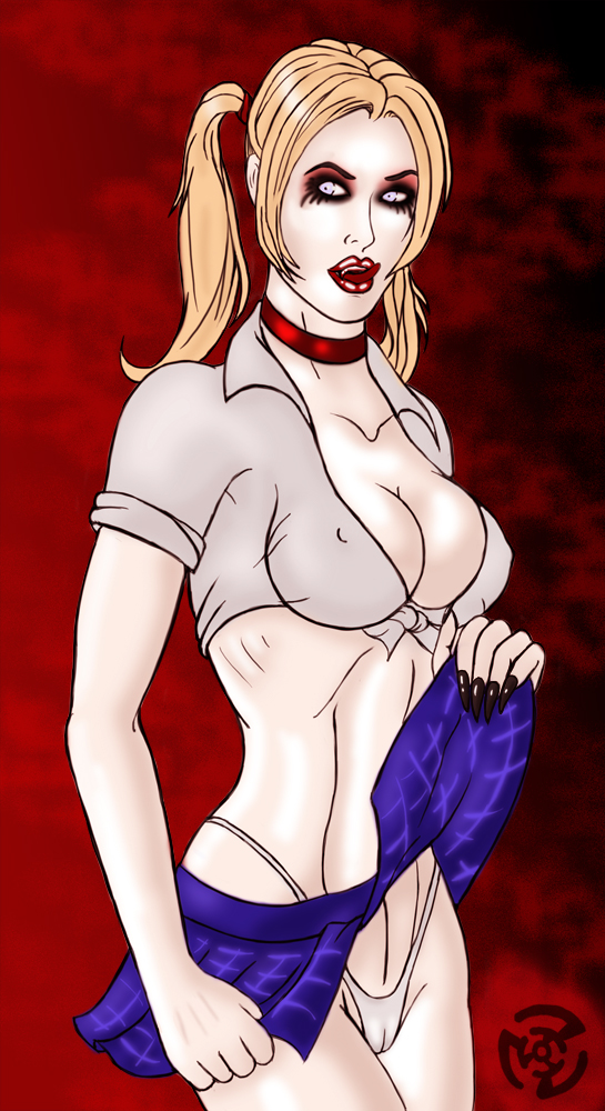 blonde_hair blue_eyes choker cleavage crop_top erect_nipples eyeshadow g-string jeanette_voerman mrorbital pale-skinned_female pale_skin ribbon_choker short_sleeves skirt skirt_lift slim thong tied_shirt tongue_out twintails vampire_the_masquerade_bloodlines